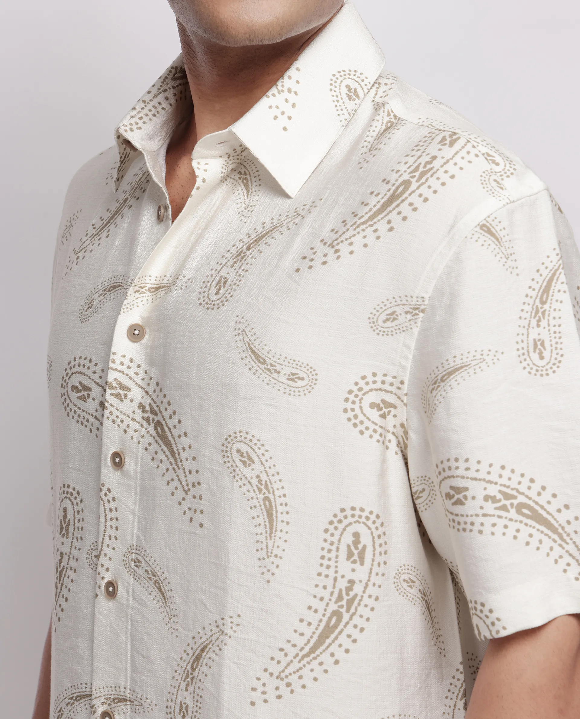 Rare Rabbit Men's Arkora Off White Cotton Paisley Print Regular Fit Half Sleeve Collared Shirt - Image 3
