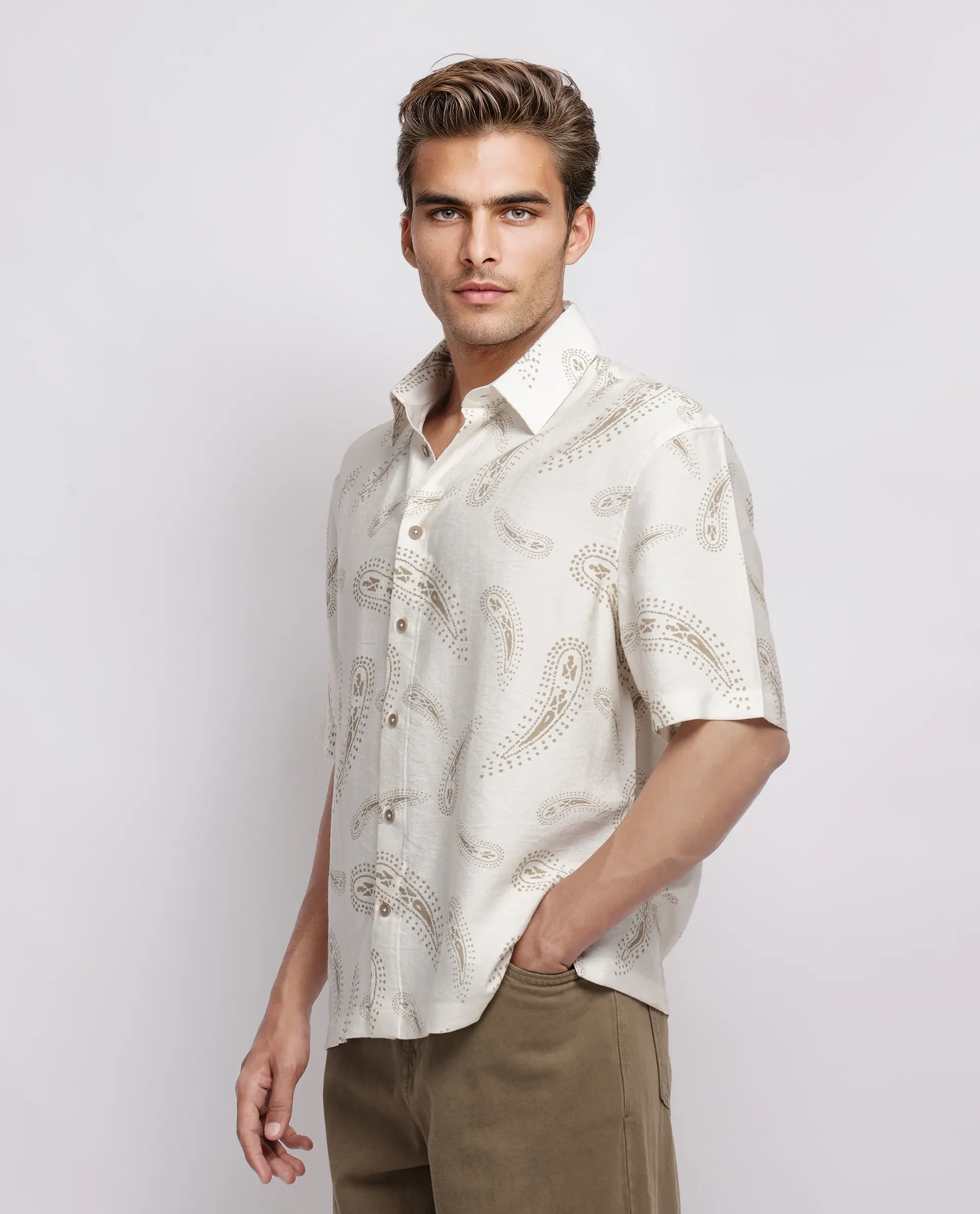 Rare Rabbit Men's Arkora Off White Cotton Paisley Print Regular Fit Half Sleeve Collared Shirt - Image 5