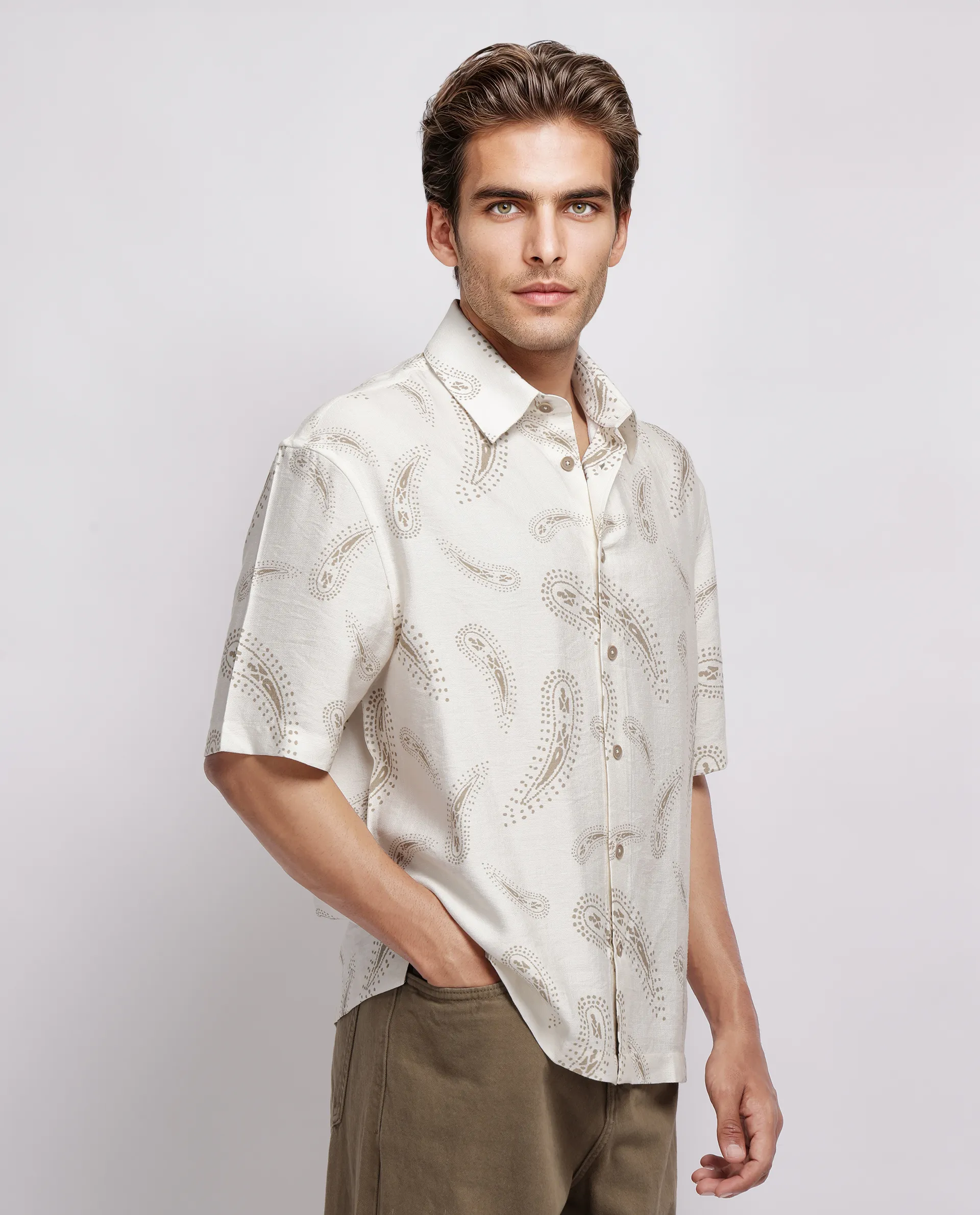 Rare Rabbit Men's Arkora Off White Cotton Paisley Print Regular Fit Half Sleeve Collared Shirt - Image 6