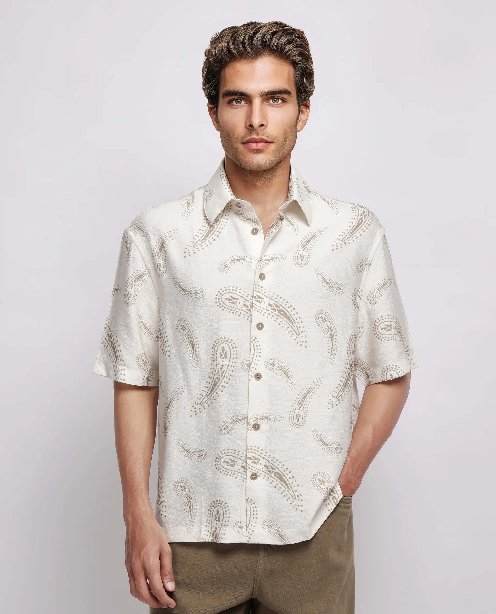 Rare Rabbit Men's Arkora Off White Cotton Paisley Print Regular Fit Half Sleeve Collared Shirt - Image 8