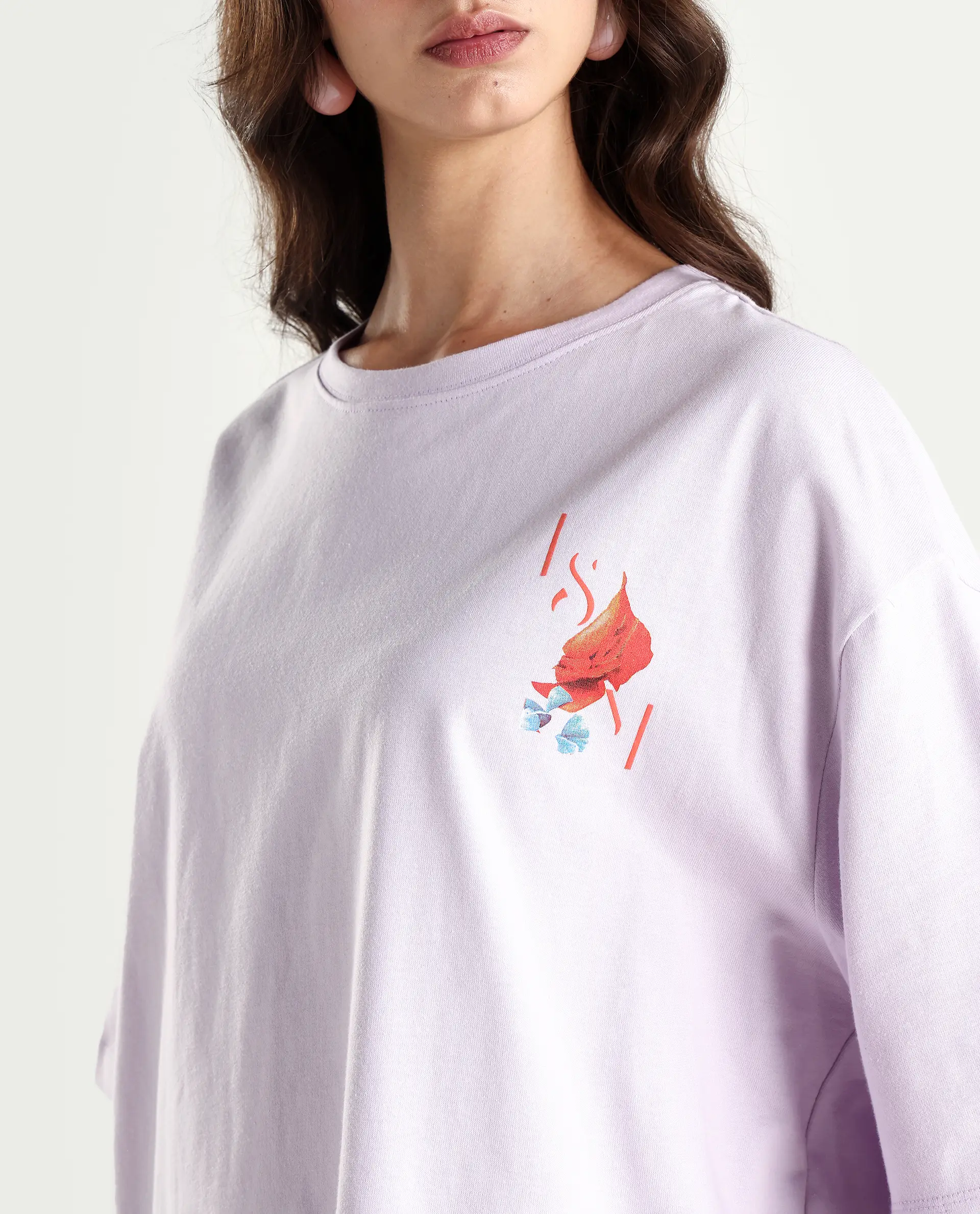 Rareism Women's Arlene Pastel Purple Cotton Blend Crew Neck Graphic Print Relaxed Fit T-Shirt - Image 3