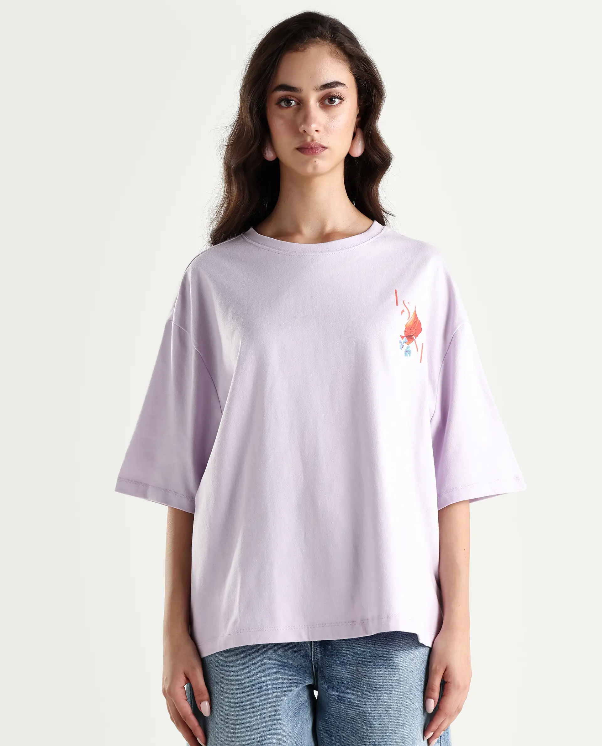 Rareism Women's Arlene Pastel Purple Cotton Blend Crew Neck Graphic Print Relaxed Fit T-Shirt - Image 4