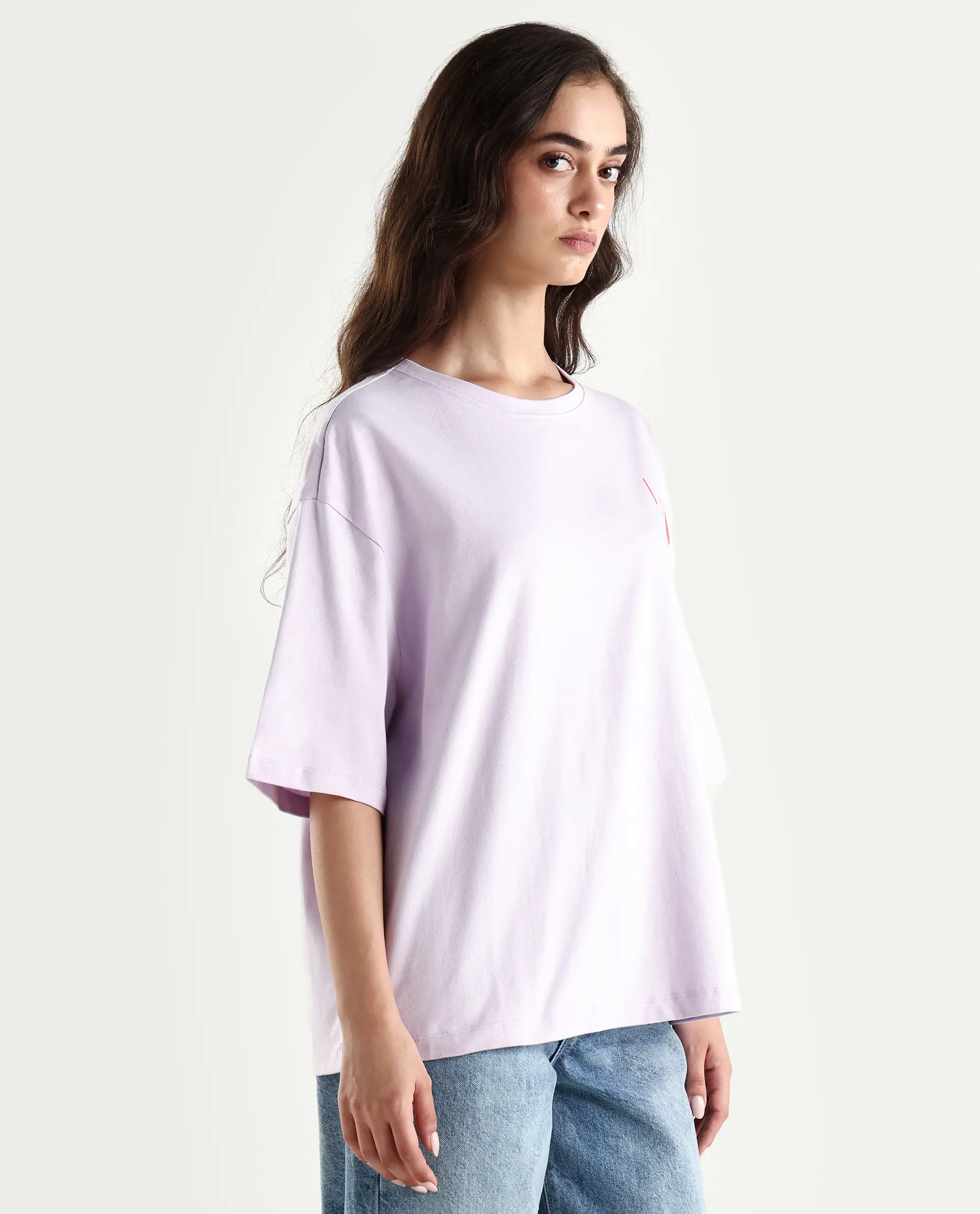 Rareism Women's Arlene Pastel Purple Cotton Blend Crew Neck Graphic Print Relaxed Fit T-Shirt - Image 5