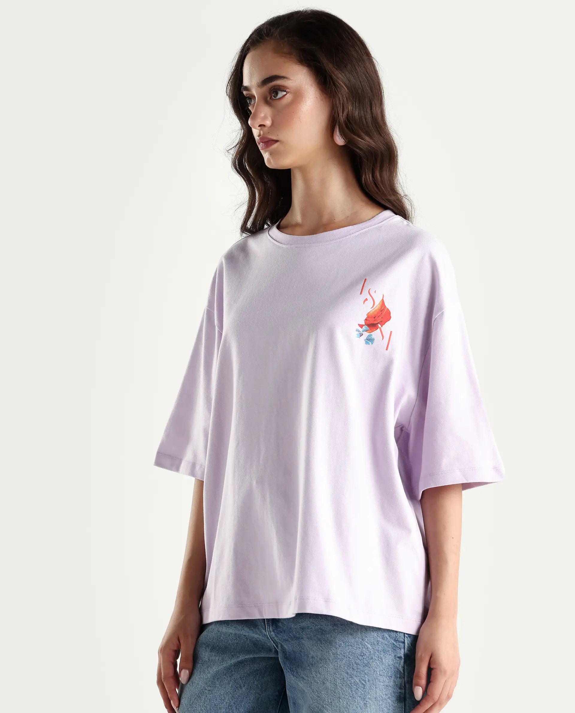Rareism Women's Arlene Pastel Purple Cotton Blend Crew Neck Graphic Print Relaxed Fit T-Shirt - Image 6