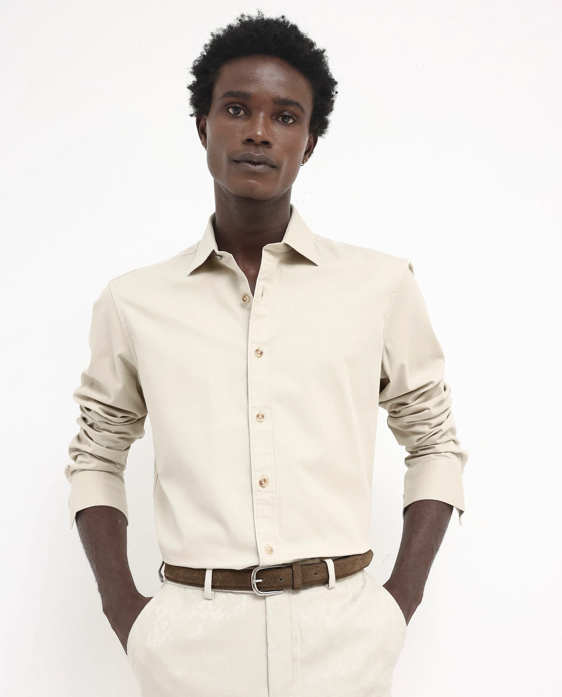 Rare Rabbit Men's Arlet Beige Cotton Plain Regular Fit Full Sleeve Collared Shirt - Image 4