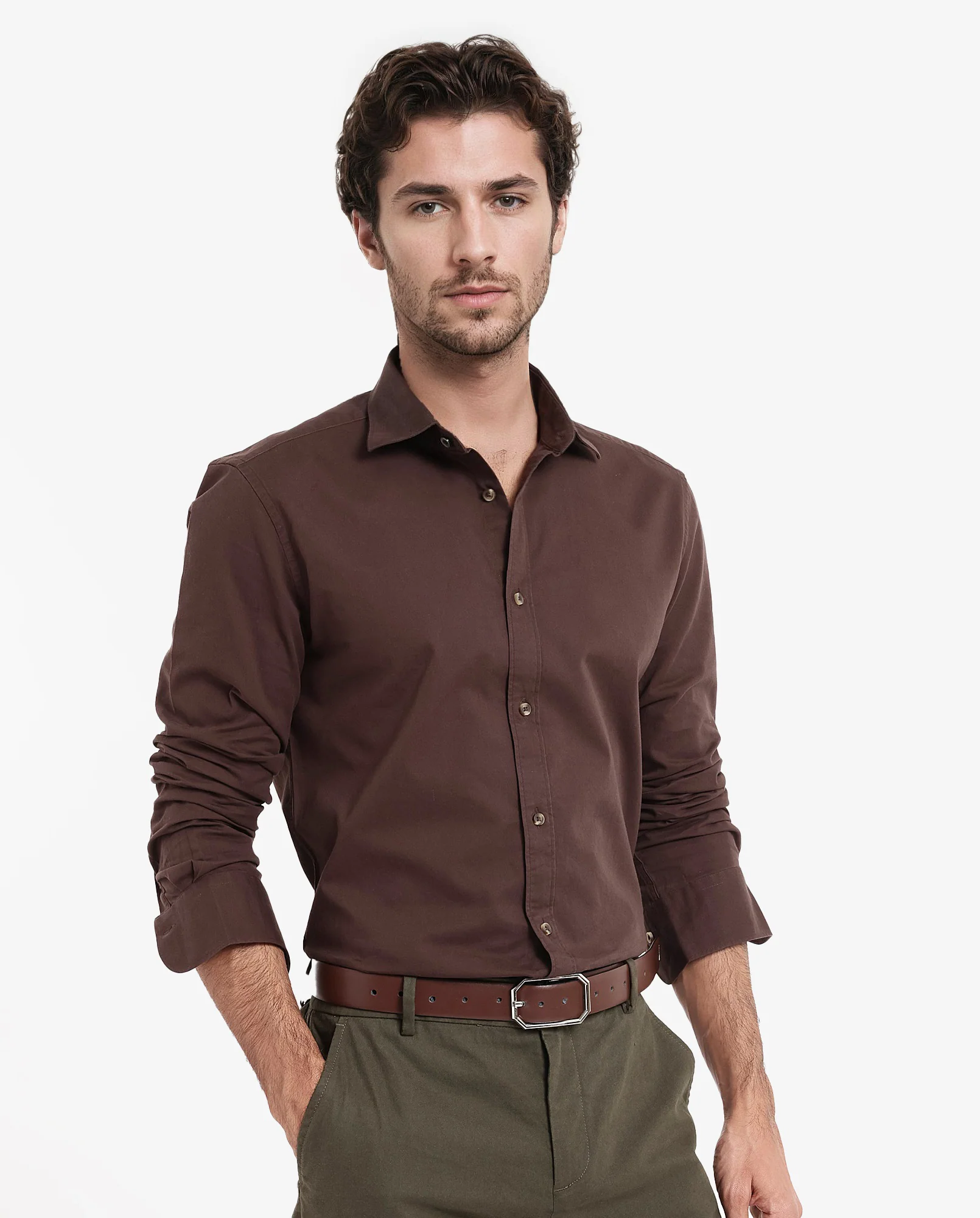 Rare Rabbit Men's Arlet Brown Cotton Plain Regular Fit Full Sleeve Collared Shirt - Image 3
