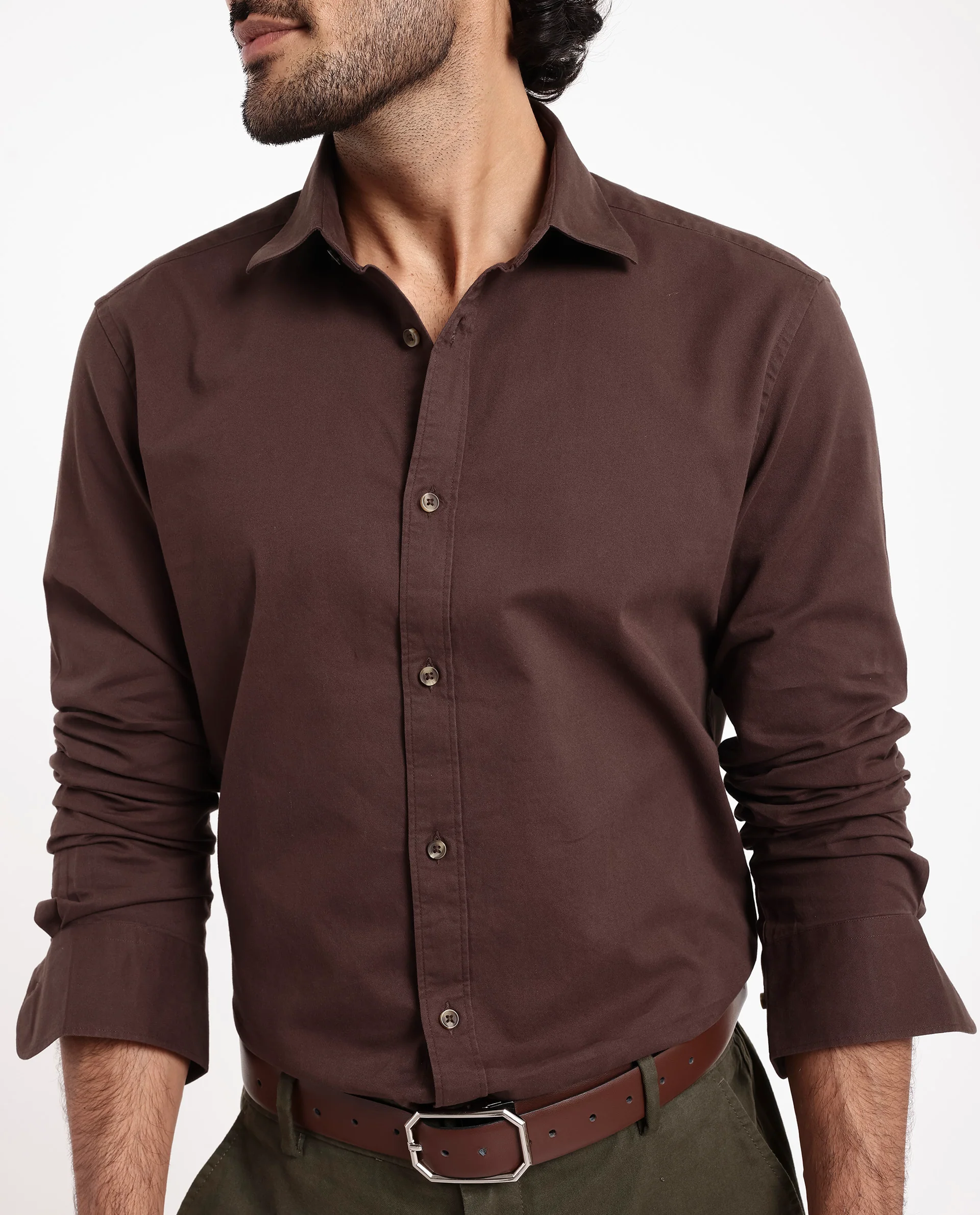Rare Rabbit Men's Arlet Brown Cotton Plain Regular Fit Full Sleeve Collared Shirt - Image 4