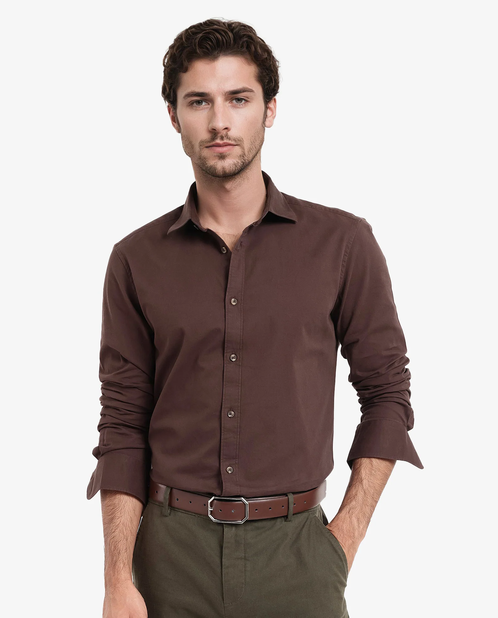 Rare Rabbit Men's Arlet Brown Cotton Plain Regular Fit Full Sleeve Collared Shirt - Image 6