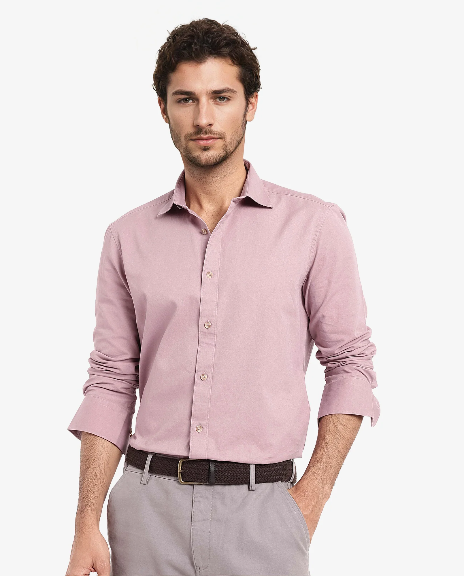 Rare Rabbit Men's Dusky Pink Cotton Plain Regular Fit Full Sleeve Collared Shirt - Image 2