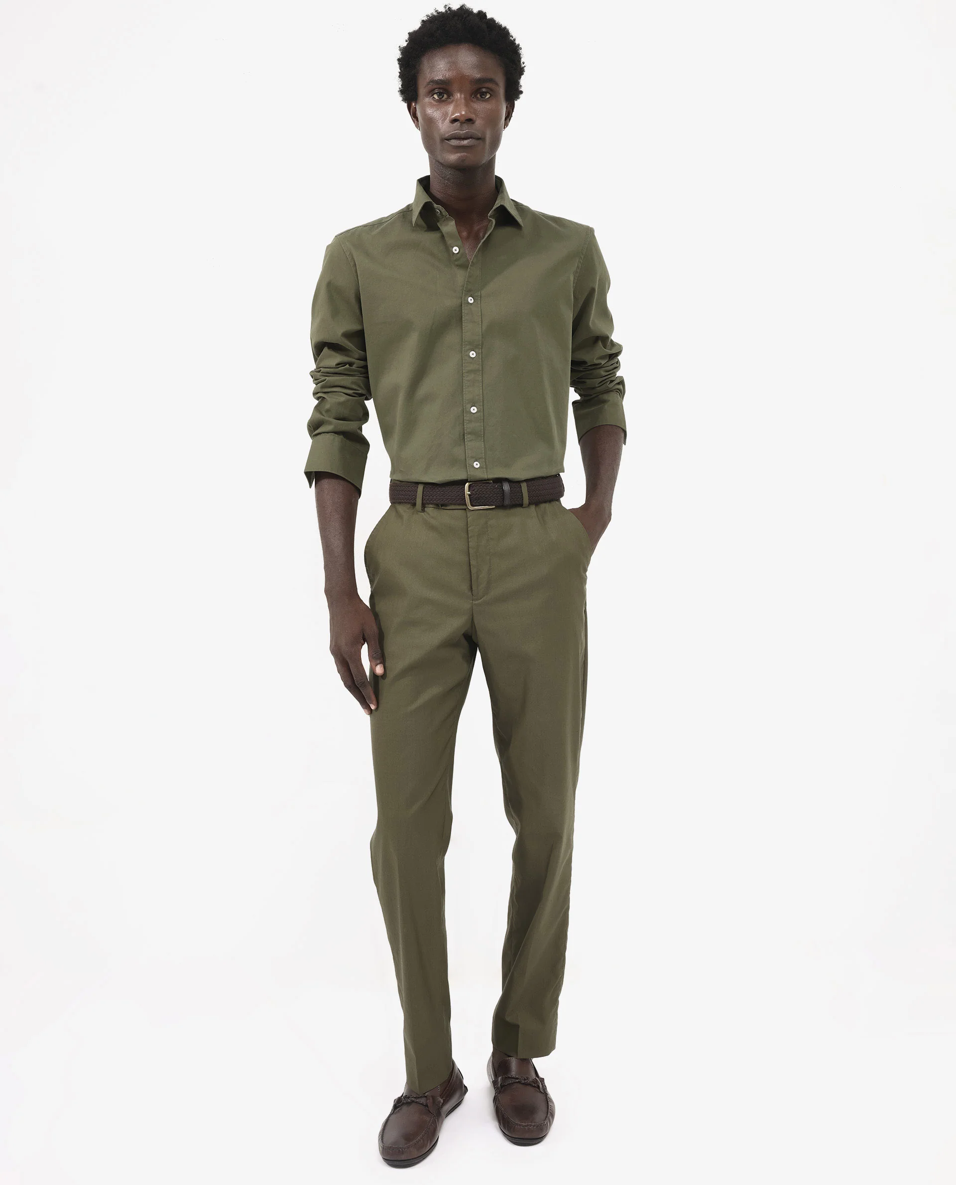 Rare Rabbit Men's Arlet Olive Cotton Plain Regular Fit Full Sleeve Collared Shirt - Image 2