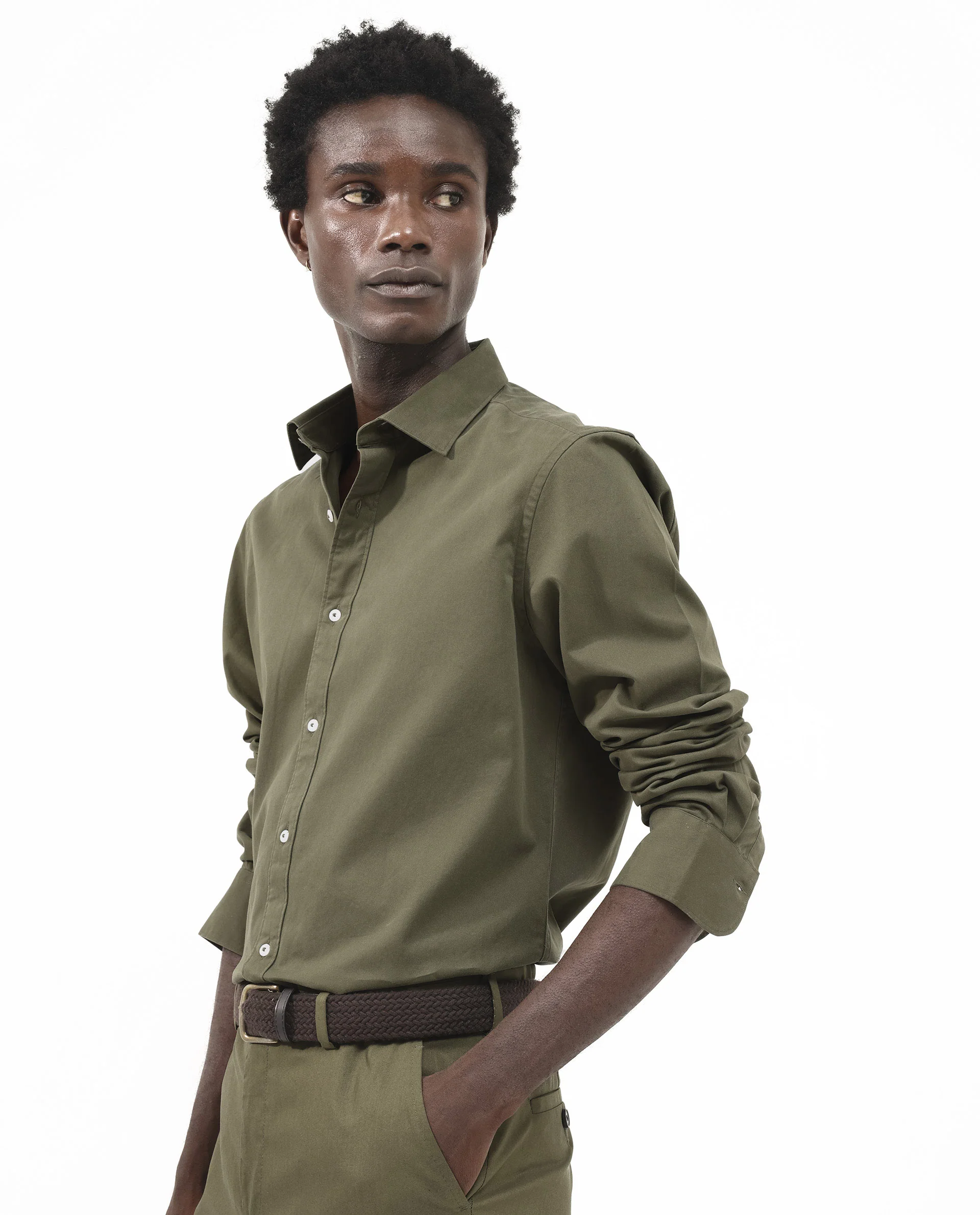 Rare Rabbit Men's Arlet Olive Cotton Plain Regular Fit Full Sleeve Collared Shirt - Image 3
