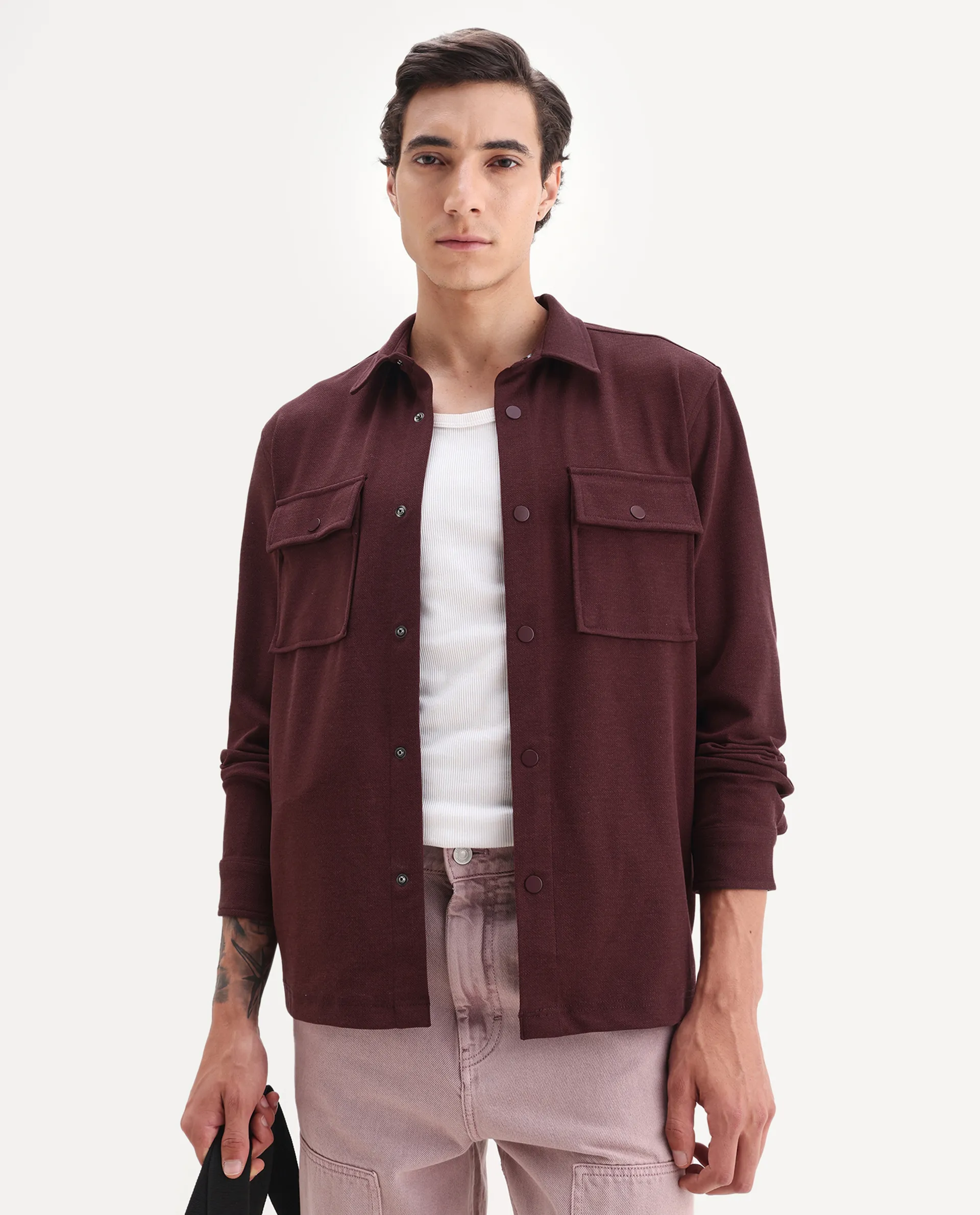 Rare Rabbit Men's Arlington-25 Dark Red Polyester Blend Fabric Collared Neck Regular Fit Plain Jacket - Image 4