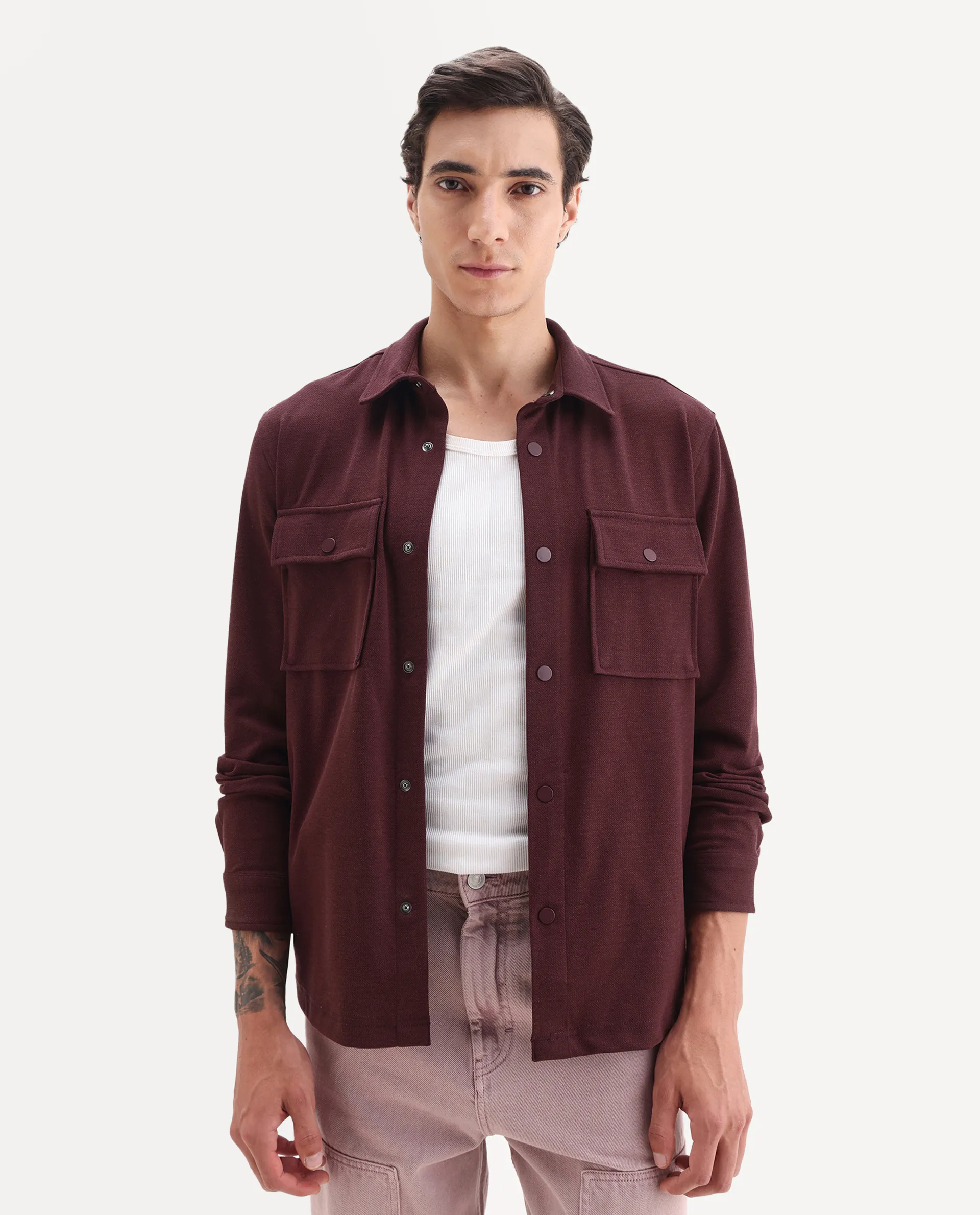 Rare Rabbit Men's Arlington-25 Dark Red Polyester Blend Fabric Collared Neck Regular Fit Plain Jacket - Image 5