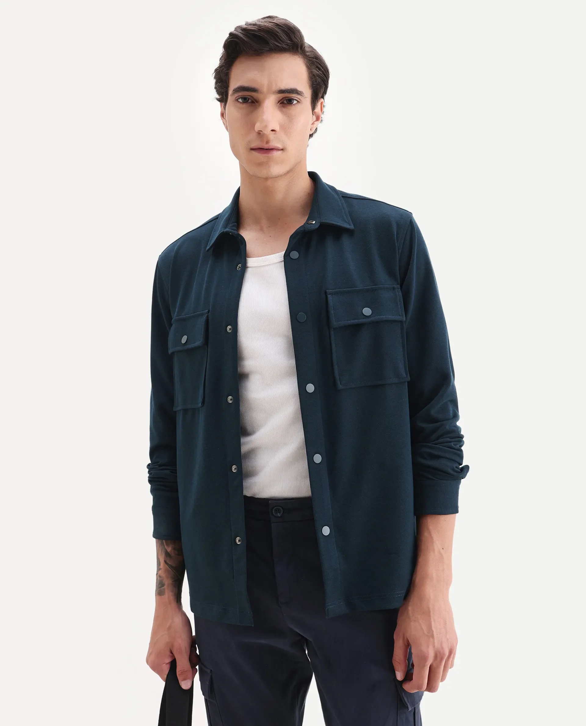 Rare Rabbit Men's Arlington-25 Teal Polyester Blend Fabric Collared Neck Regular Fit Plain Jacket