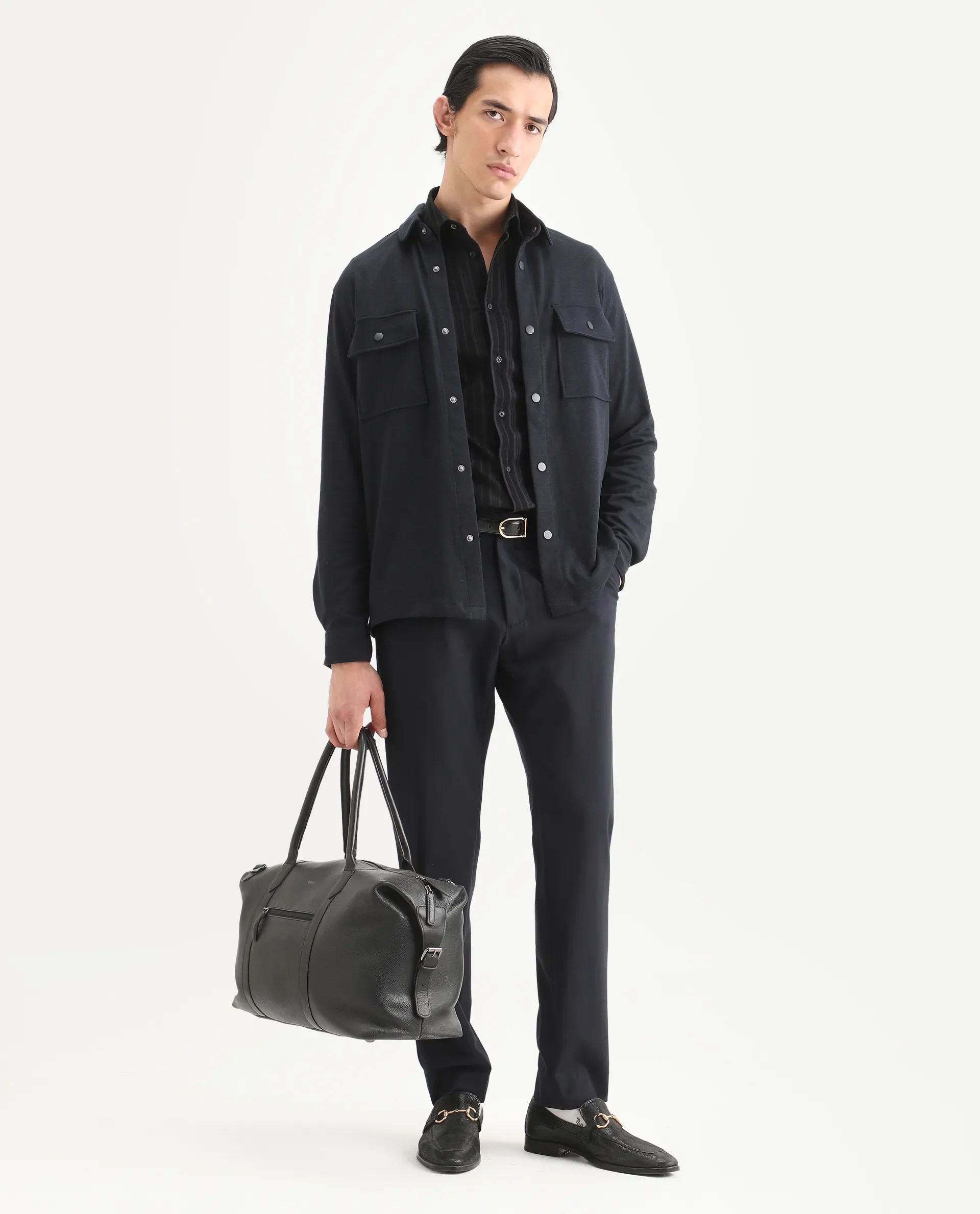 Rare Rabbit Men's Arlington Dark Navy Rayon Plain Regular Fit Full Sleeve Collared Shacket - Image 2