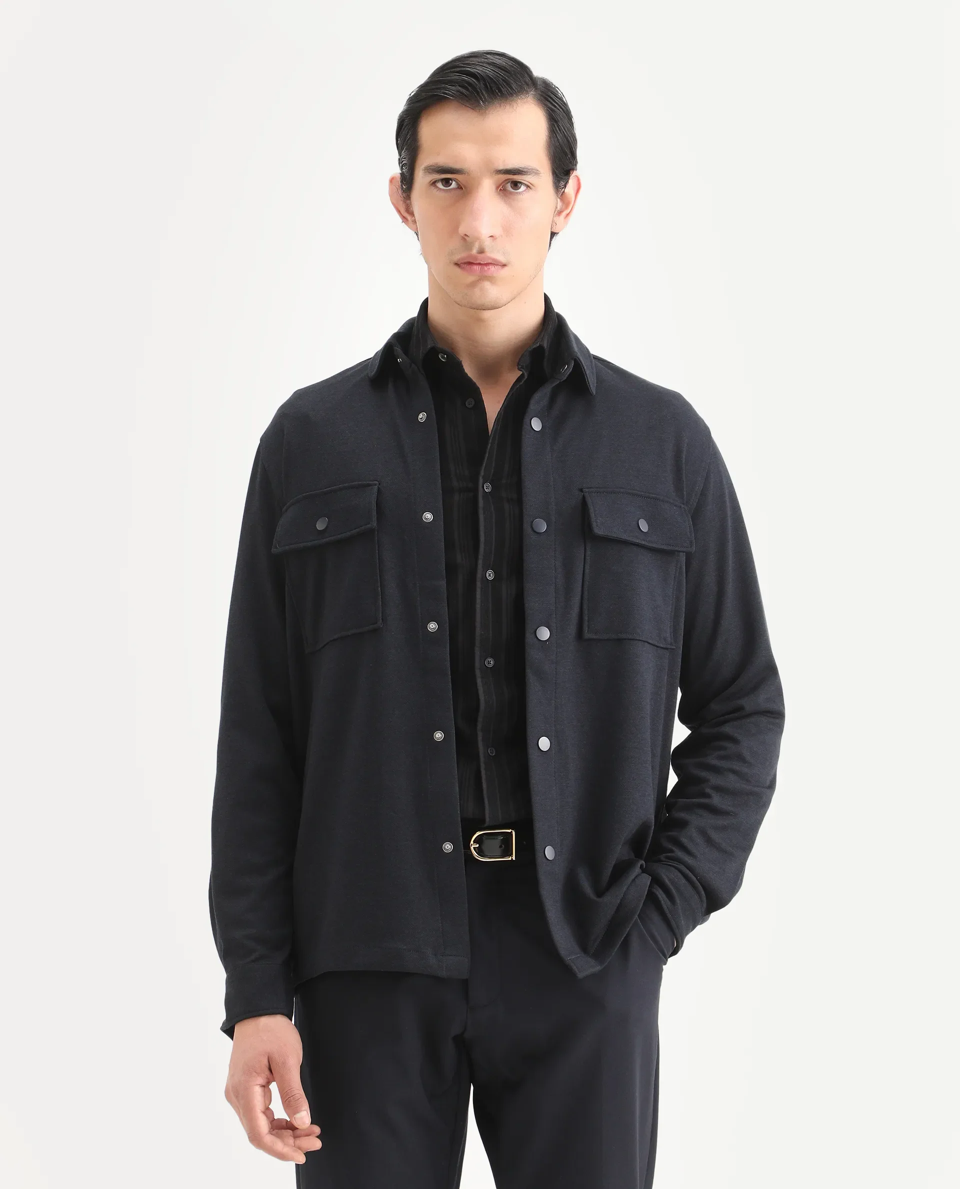 Rare Rabbit Men's Arlington Dark Navy Rayon Plain Regular Fit Full Sleeve Collared Shacket - Image 3