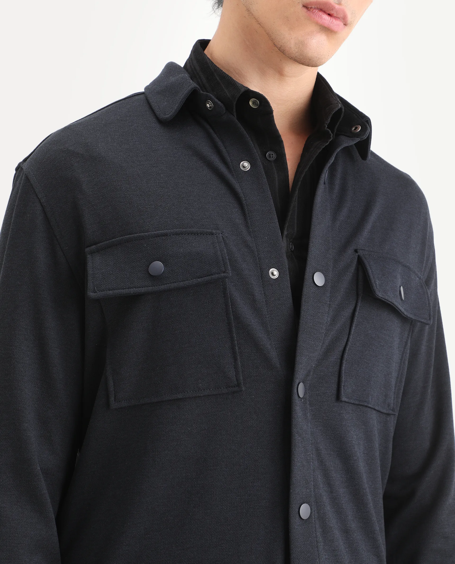 Rare Rabbit Men's Arlington Dark Navy Rayon Plain Regular Fit Full Sleeve Collared Shacket - Image 4