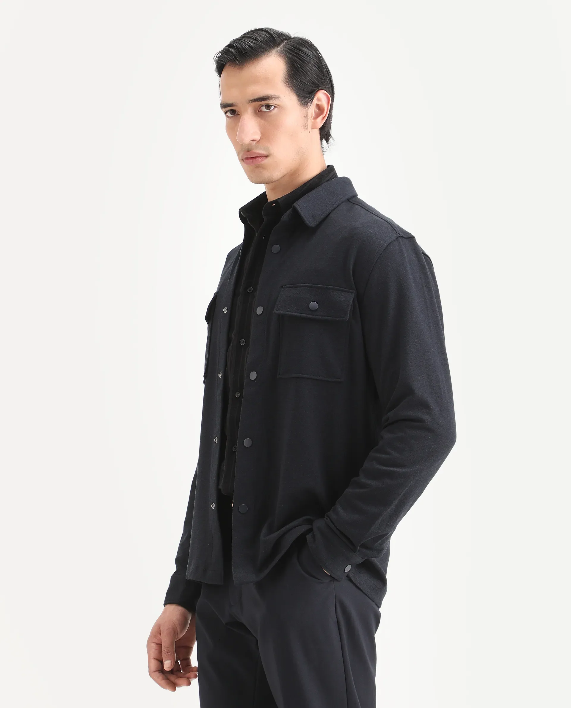 Rare Rabbit Men's Arlington Dark Navy Rayon Plain Regular Fit Full Sleeve Collared Shacket - Image 5
