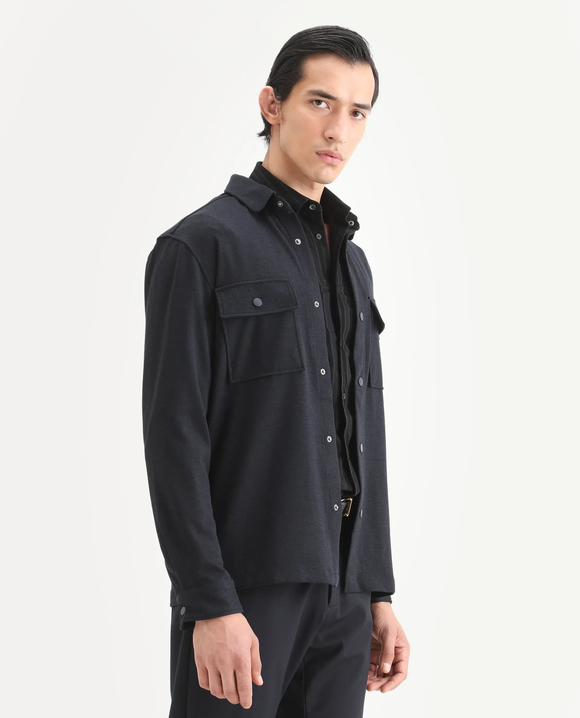Rare Rabbit Men's Arlington Dark Navy Rayon Plain Regular Fit Full Sleeve Collared Shacket - Image 6