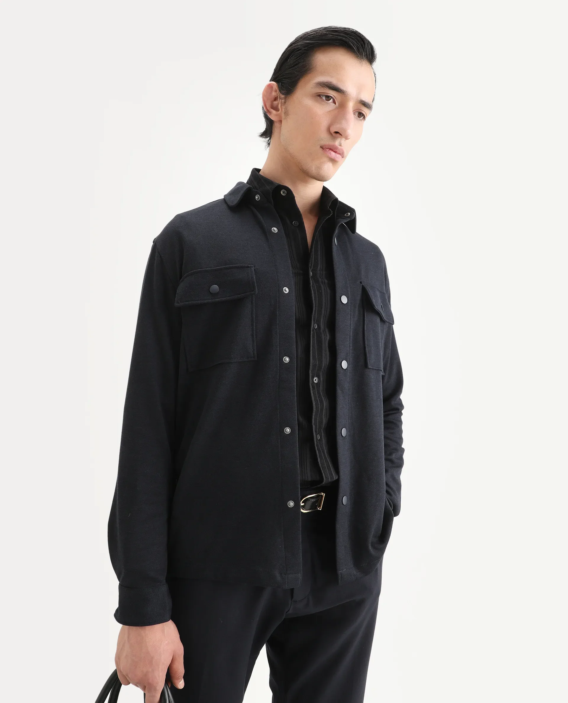 Rare Rabbit Men's Arlington Dark Navy Rayon Plain Regular Fit Full Sleeve Collared Shacket - Image 7