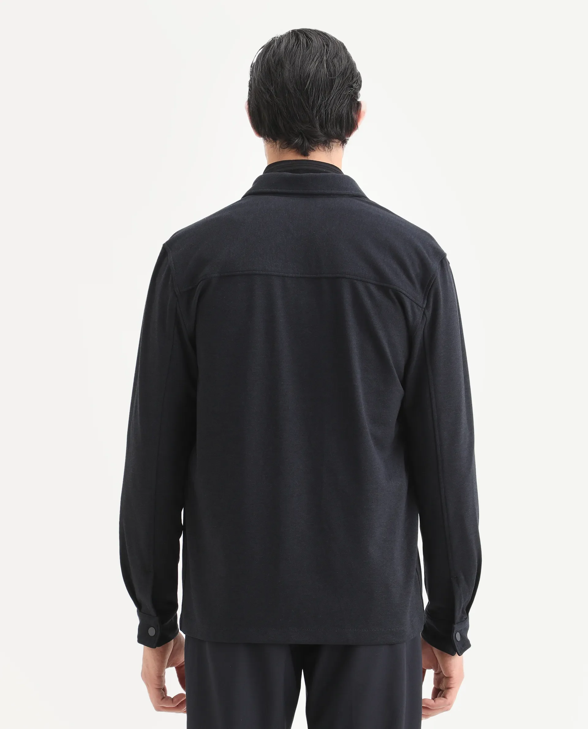 Rare Rabbit Men's Arlington Dark Navy Rayon Plain Regular Fit Full Sleeve Collared Shacket - Image 8