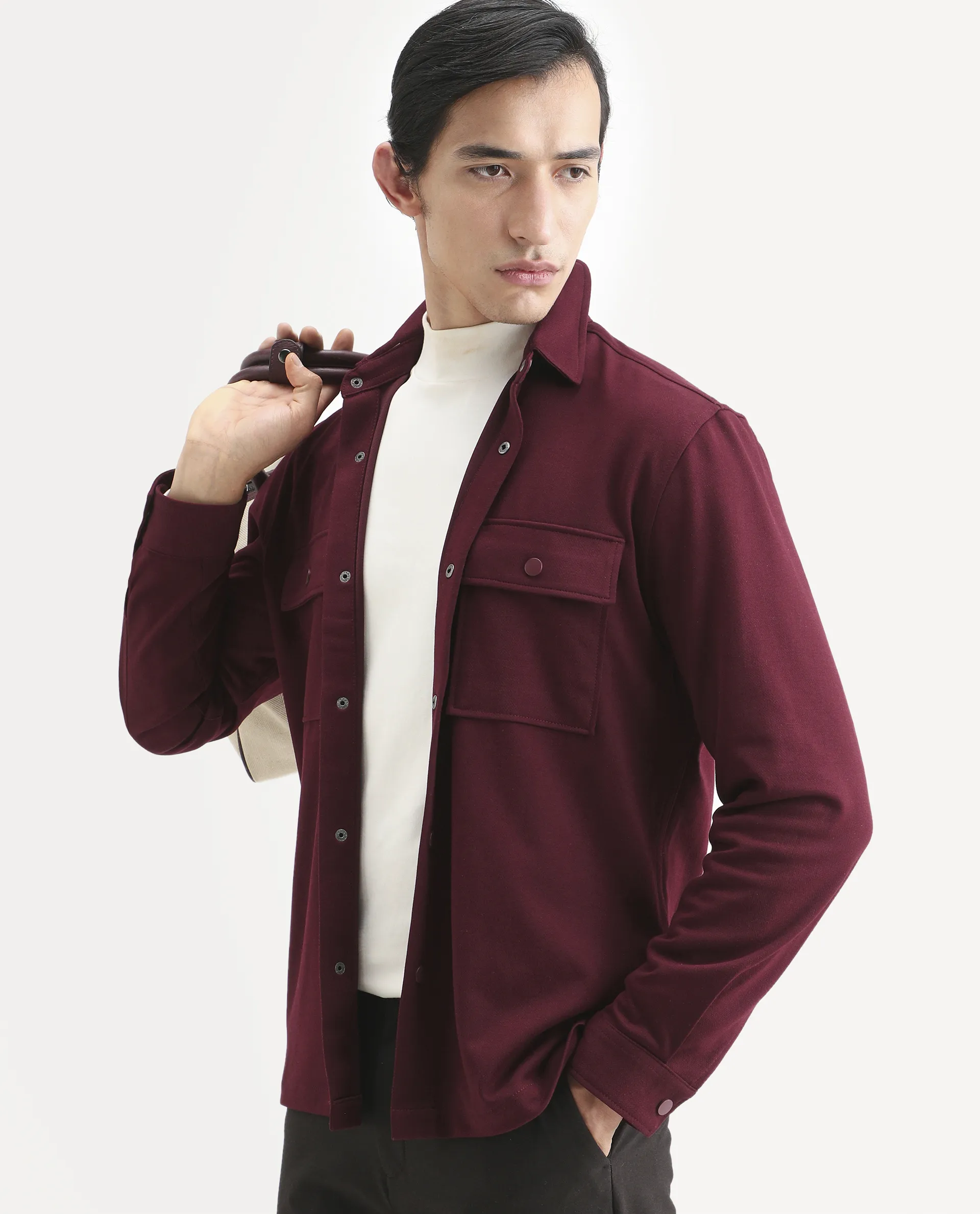 Rare Rabbit Men's Arlington Red Rayon Plain Regular Fit Full Sleeve Collared Shacket