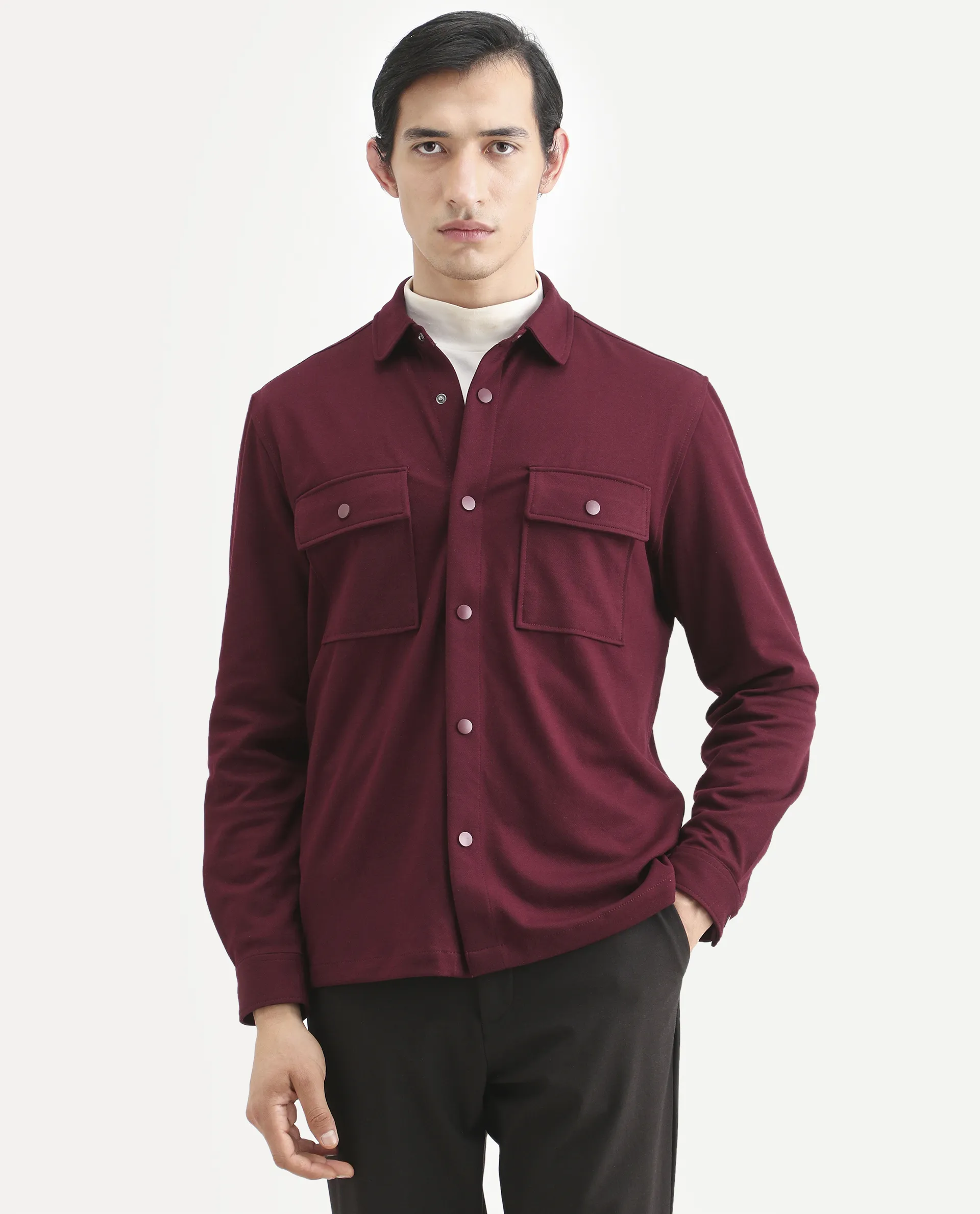 Rare Rabbit Men's Arlington Red Rayon Plain Regular Fit Full Sleeve Collared Shacket - Image 3