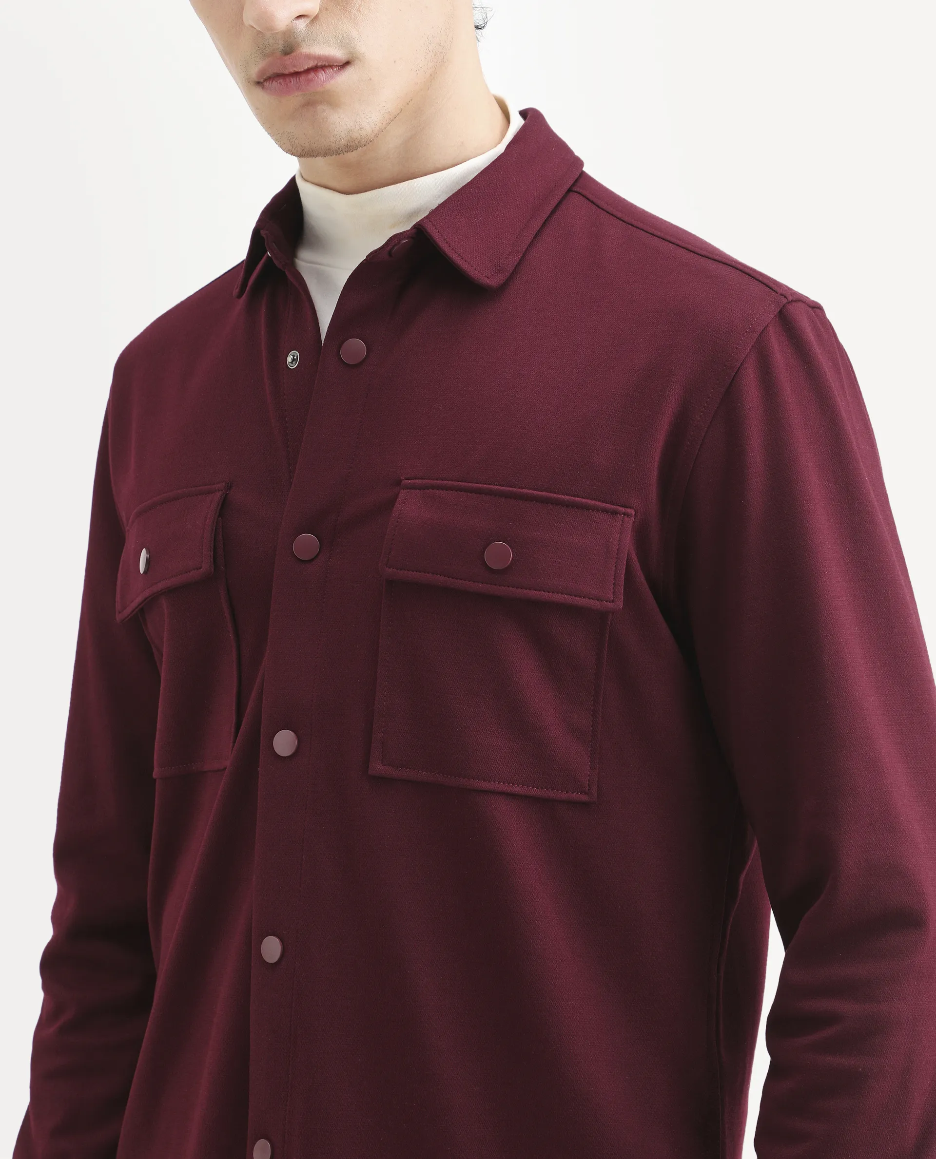 Rare Rabbit Men's Arlington Red Rayon Plain Regular Fit Full Sleeve Collared Shacket - Image 4