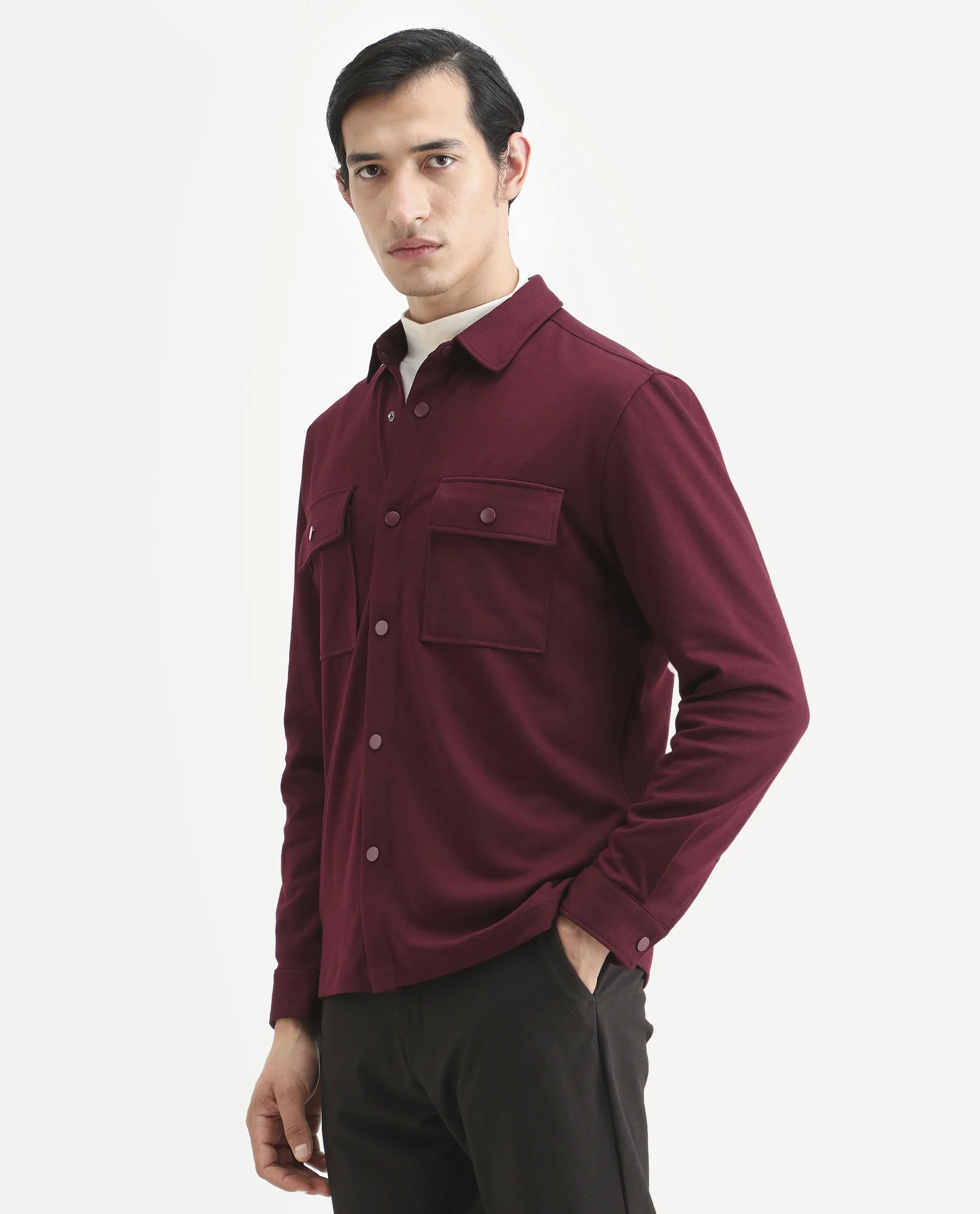 Rare Rabbit Men's Arlington Red Rayon Plain Regular Fit Full Sleeve Collared Shacket - Image 5