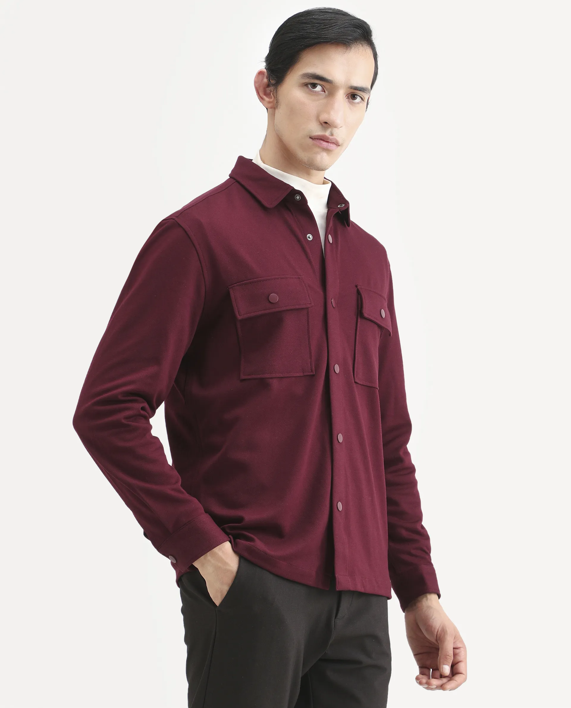 Rare Rabbit Men's Arlington Red Rayon Plain Regular Fit Full Sleeve Collared Shacket - Image 6