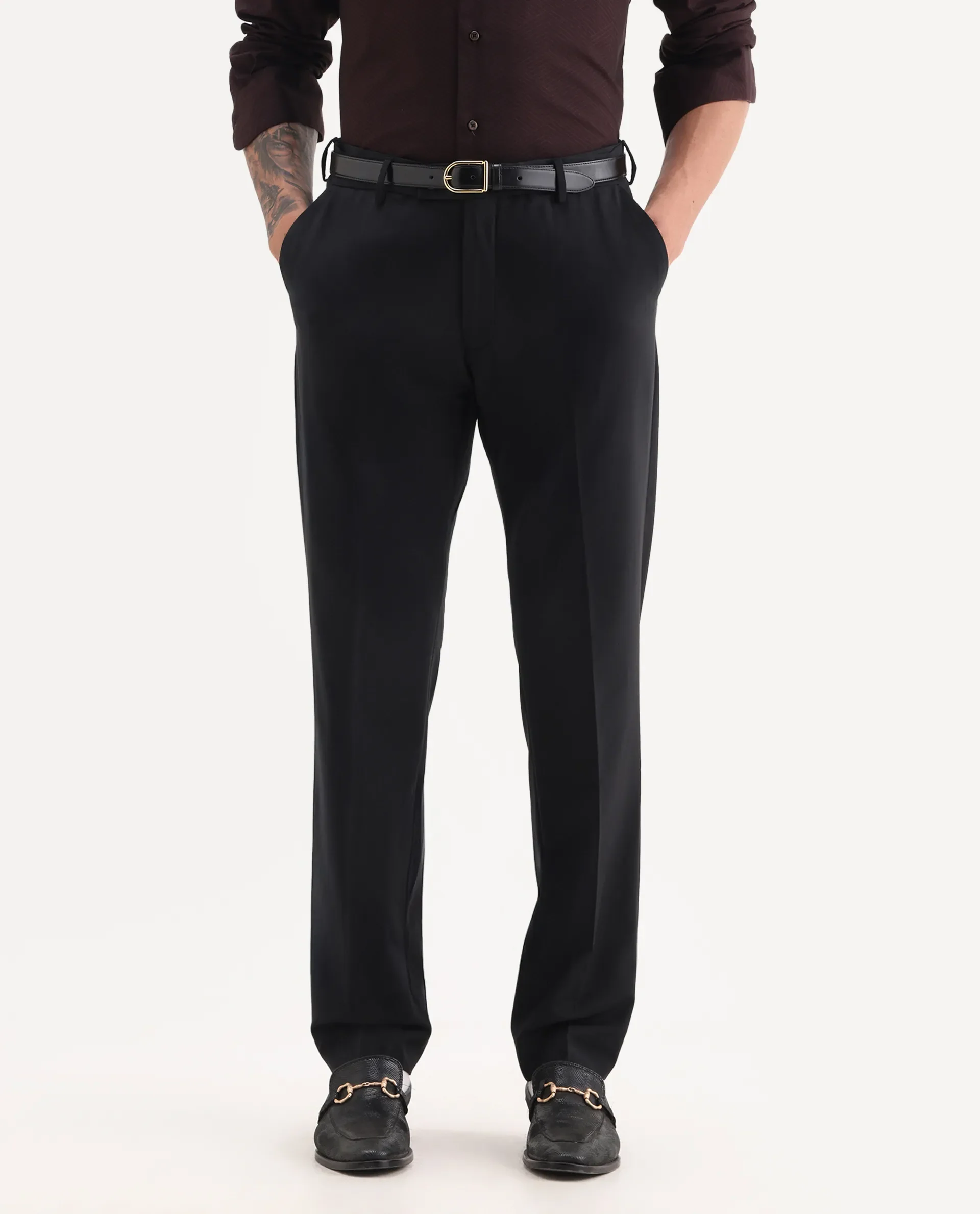 Rare Rabbit Men's Arlo Black Cotton Plain Regular Fit Trouser - Image 2