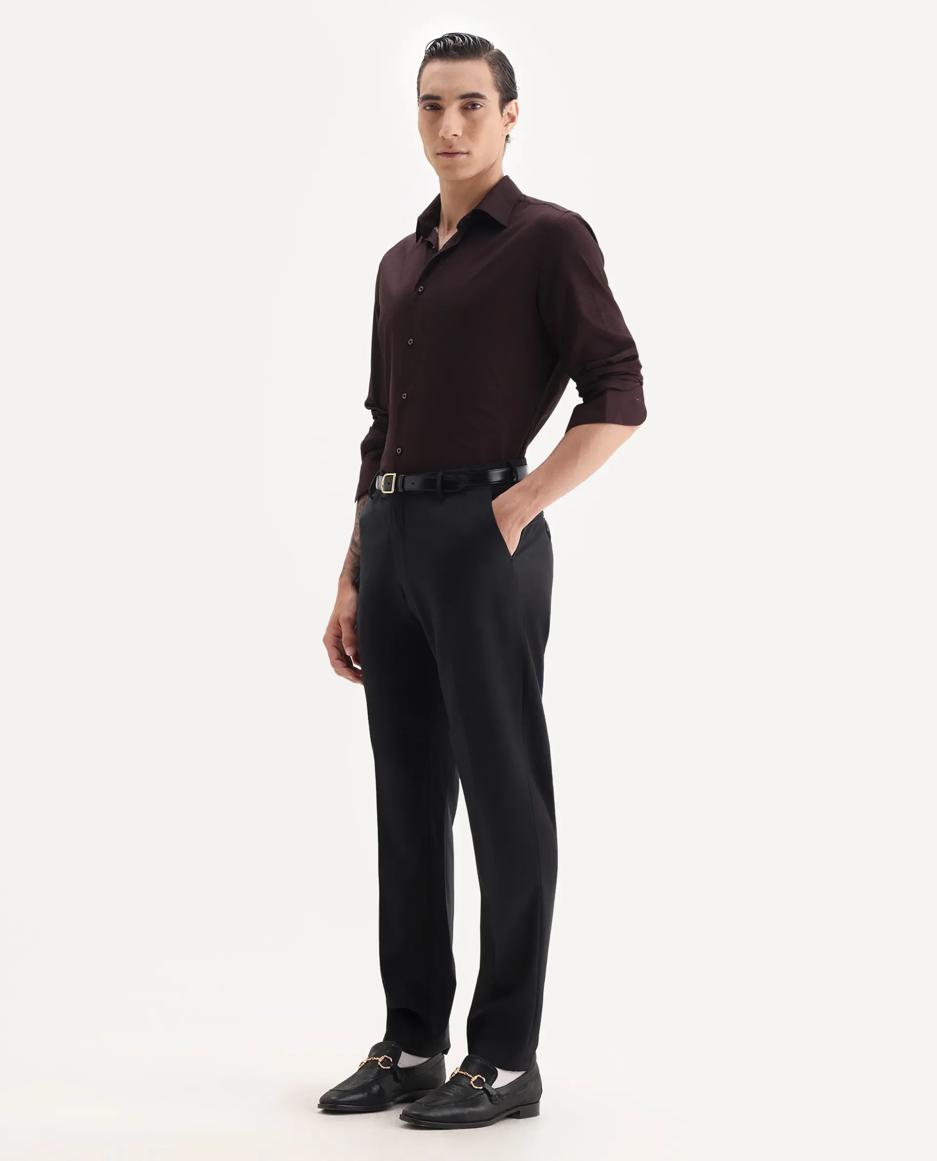 Rare Rabbit Men's Arlo Black Cotton Plain Regular Fit Trouser - Image 4