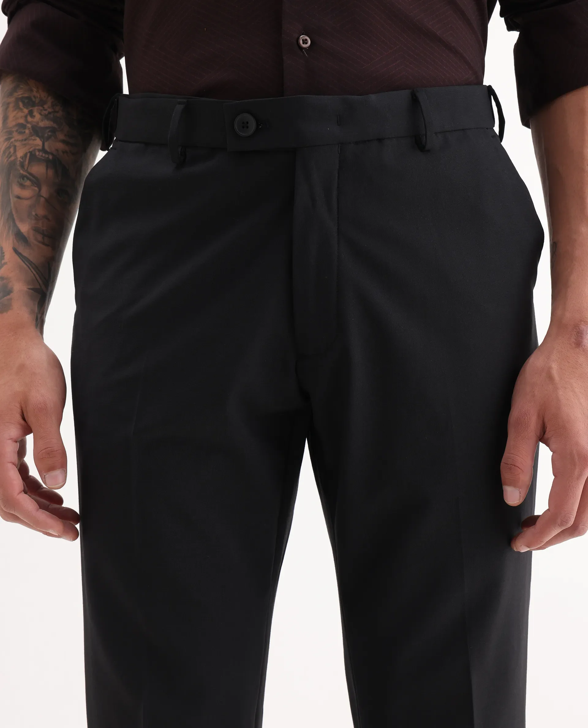 Rare Rabbit Men's Arlo Black Cotton Plain Regular Fit Trouser - Image 7