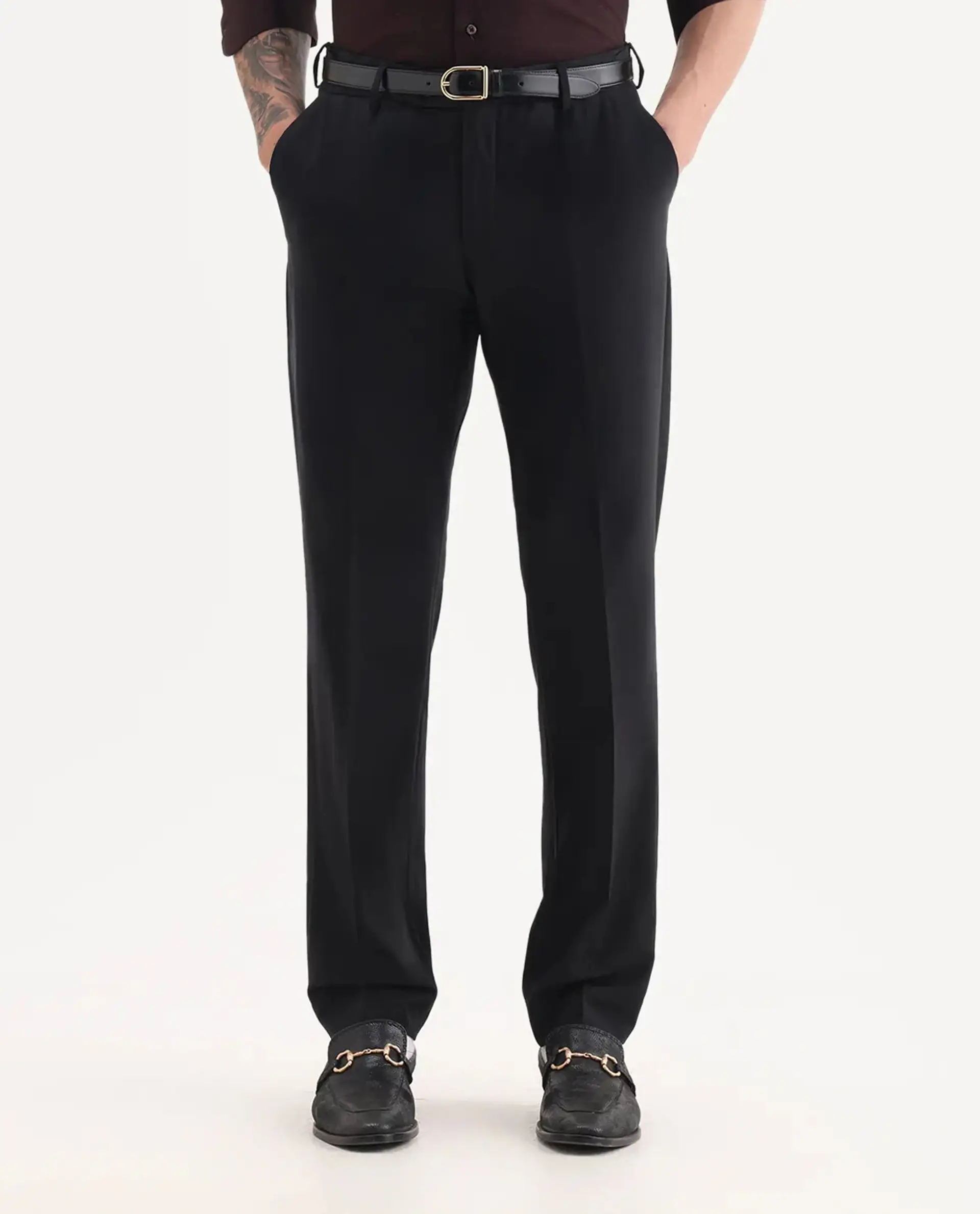Rare Rabbit Men's Arlo Black Cotton Plain Regular Fit Trouser - Image 8