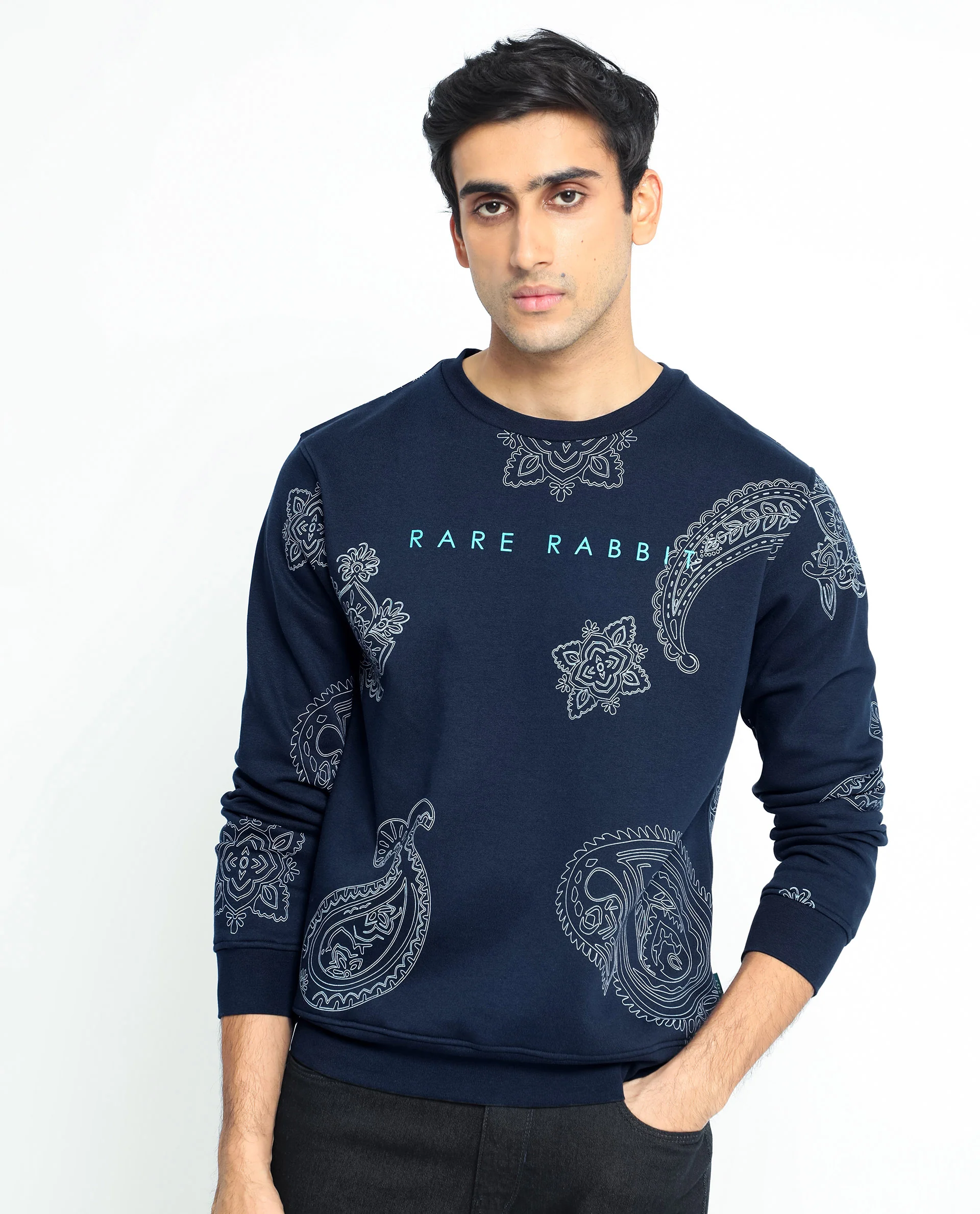 Rare Rabbit Men's Arloo Navy Cotton Graphic Print Regular Fit Full Sleeve Crew Neck Sweatshirt