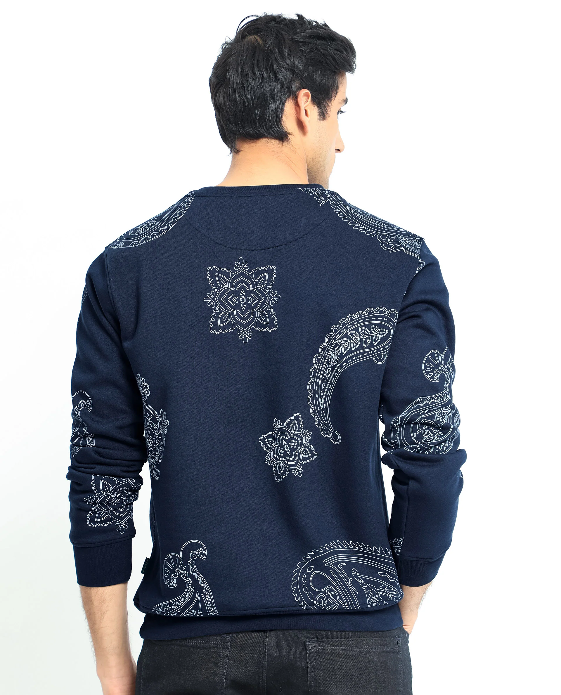 Rare Rabbit Men's Arloo Navy Cotton Graphic Print Regular Fit Full Sleeve Crew Neck Sweatshirt - Image 11