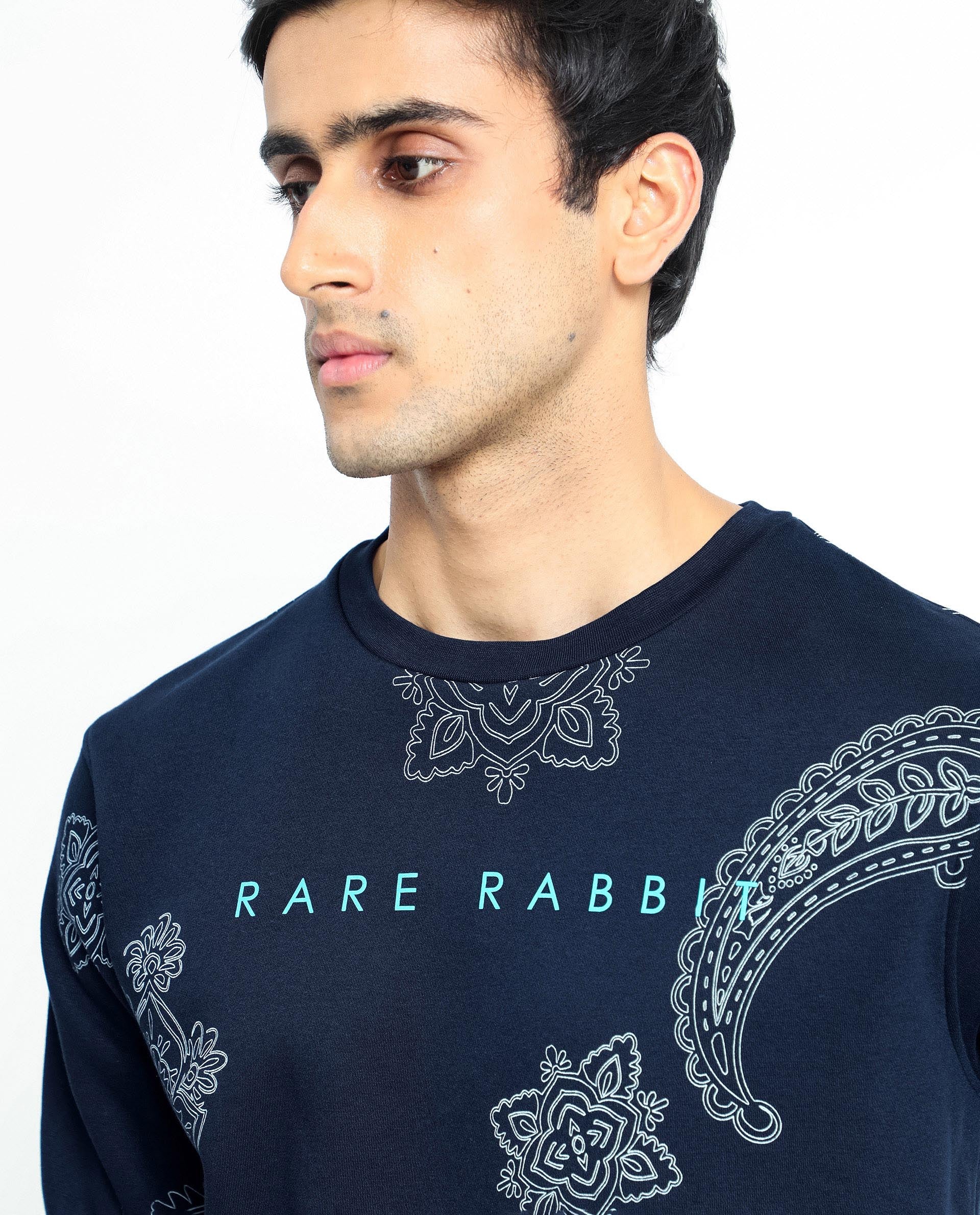 Rare Rabbit Men's Arloo Navy Cotton Graphic Print Regular Fit Full Sleeve Crew Neck Sweatshirt - Image 2