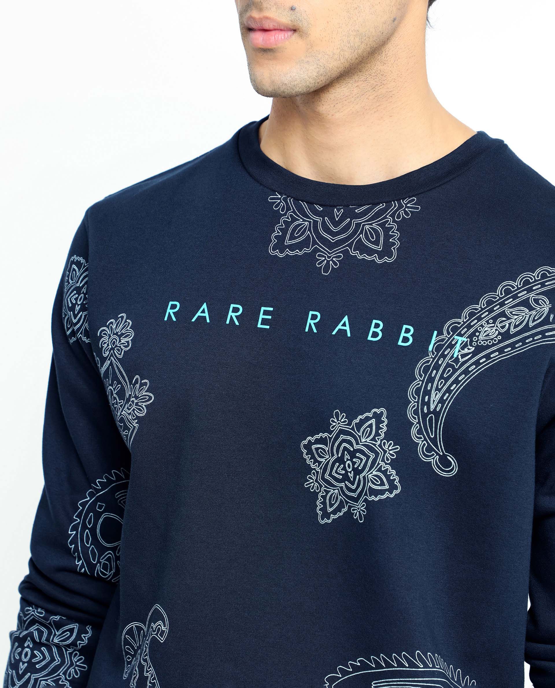 Rare Rabbit Men's Arloo Navy Cotton Graphic Print Regular Fit Full Sleeve Crew Neck Sweatshirt - Image 3