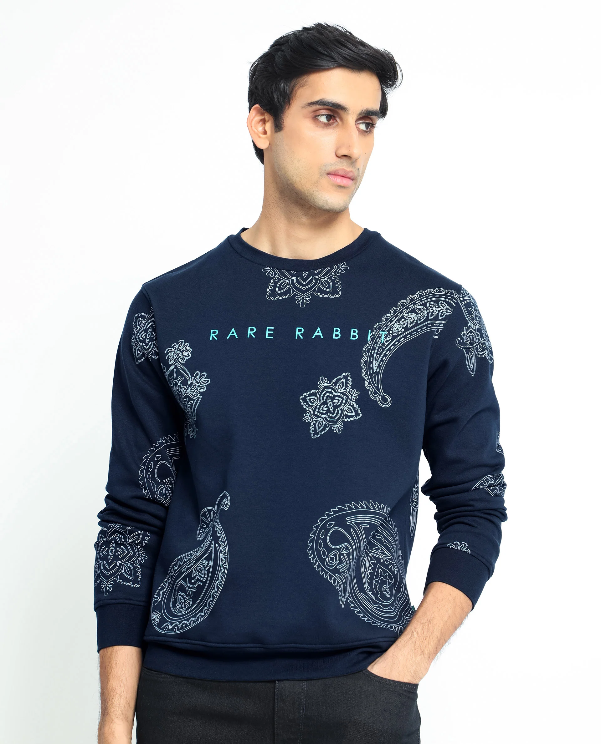 Rare Rabbit Men's Arloo Navy Cotton Graphic Print Regular Fit Full Sleeve Crew Neck Sweatshirt - Image 4