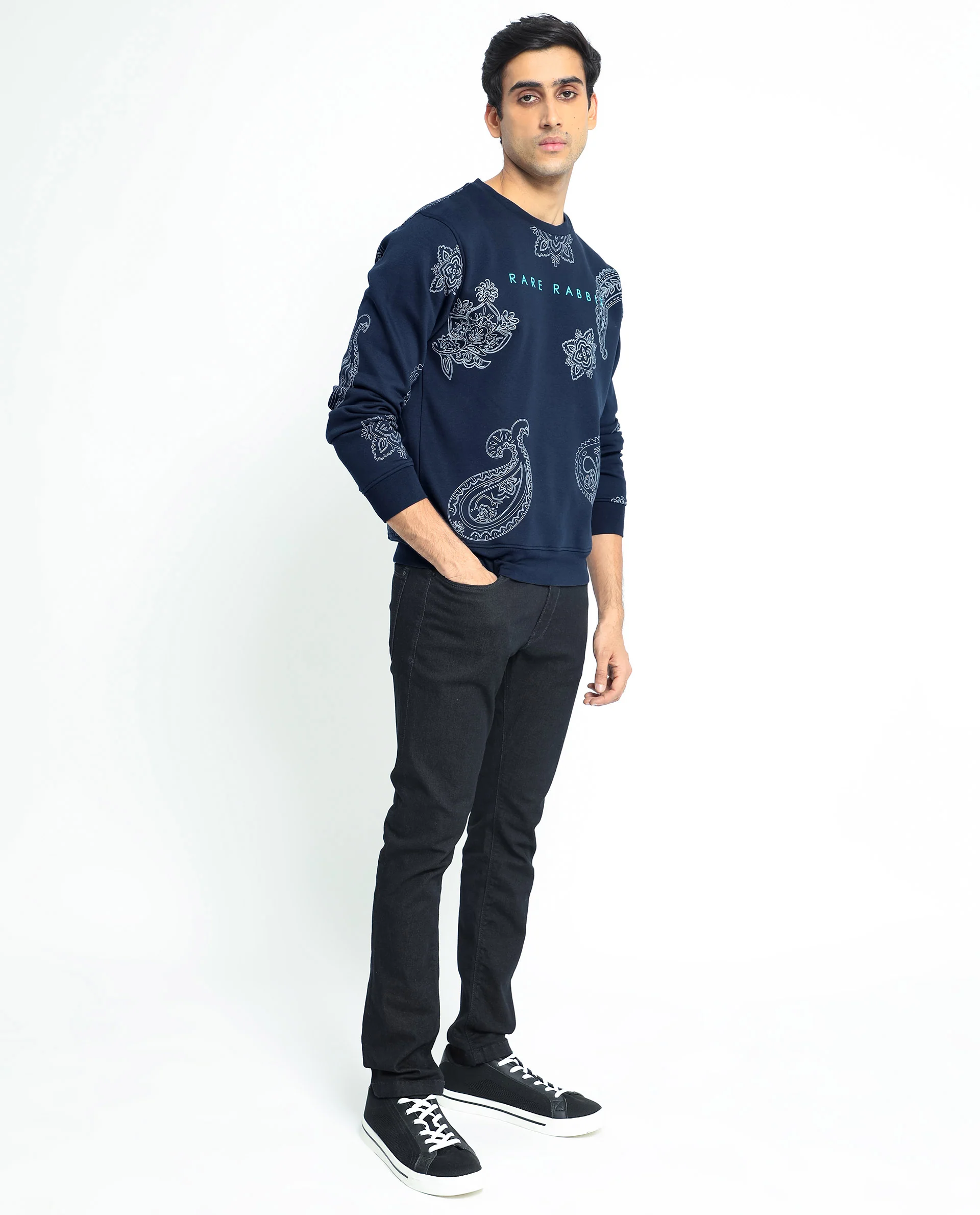 Rare Rabbit Men's Arloo Navy Cotton Graphic Print Regular Fit Full Sleeve Crew Neck Sweatshirt - Image 5
