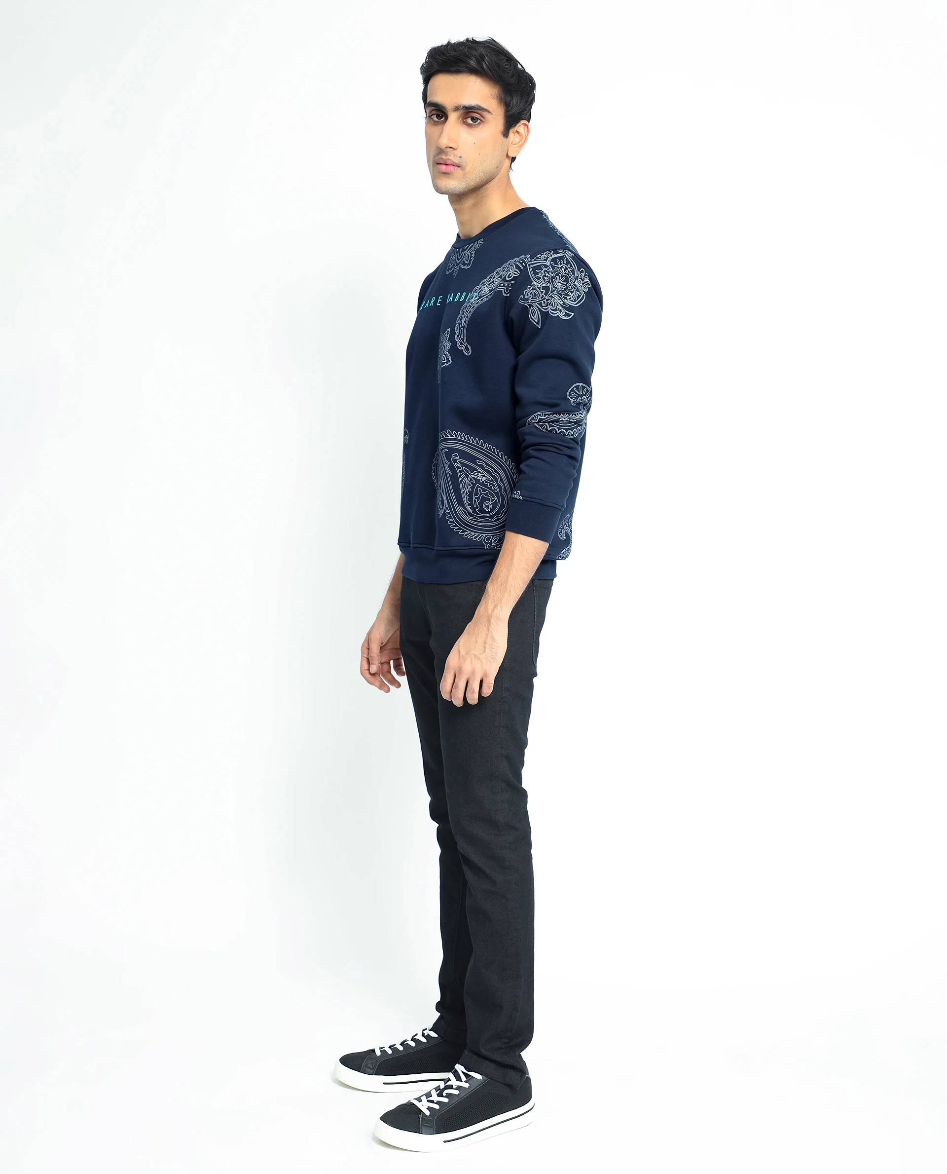 Rare Rabbit Men's Arloo Navy Cotton Graphic Print Regular Fit Full Sleeve Crew Neck Sweatshirt - Image 6