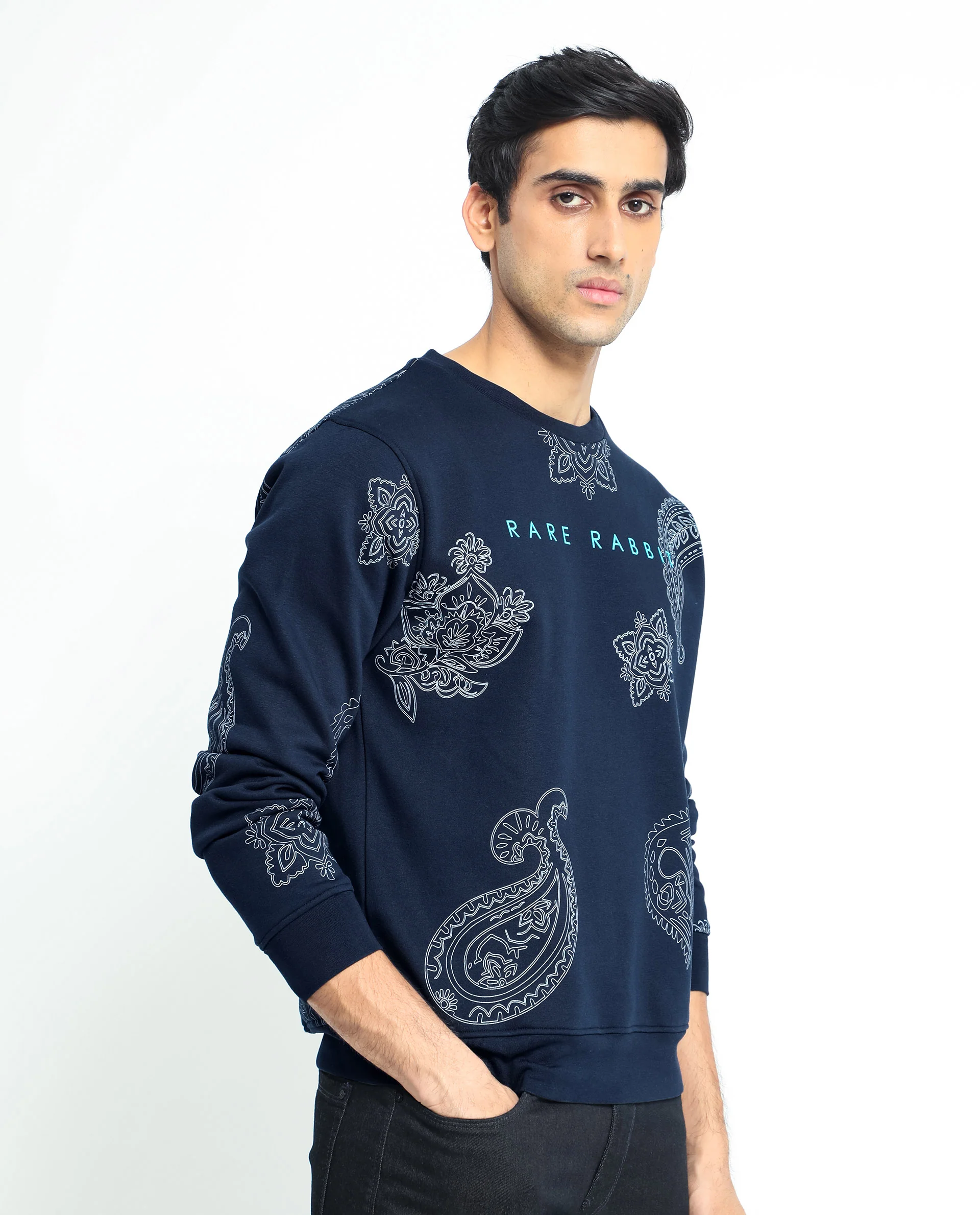 Rare Rabbit Men's Arloo Navy Cotton Graphic Print Regular Fit Full Sleeve Crew Neck Sweatshirt - Image 7