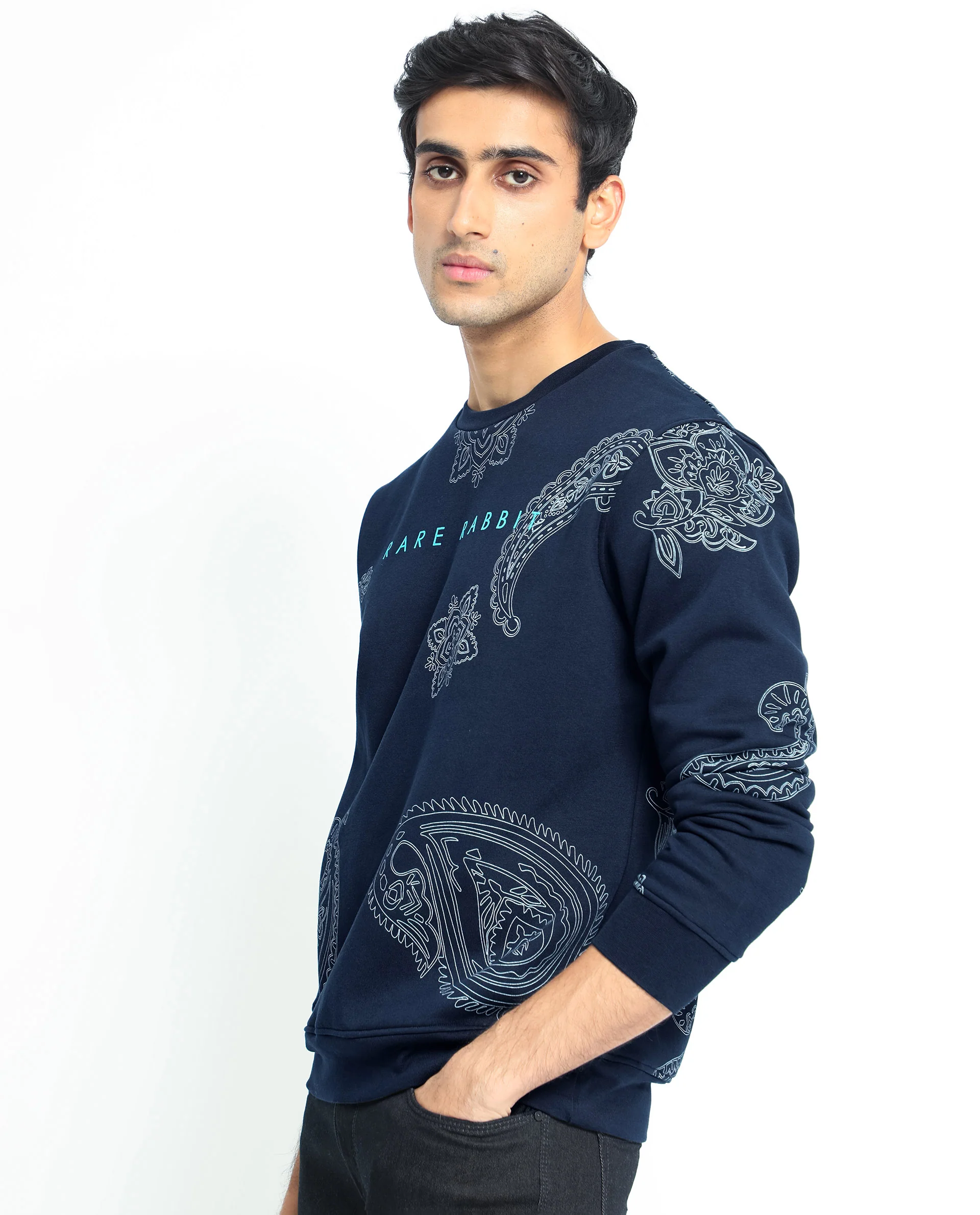 Rare Rabbit Men's Arloo Navy Cotton Graphic Print Regular Fit Full Sleeve Crew Neck Sweatshirt - Image 8