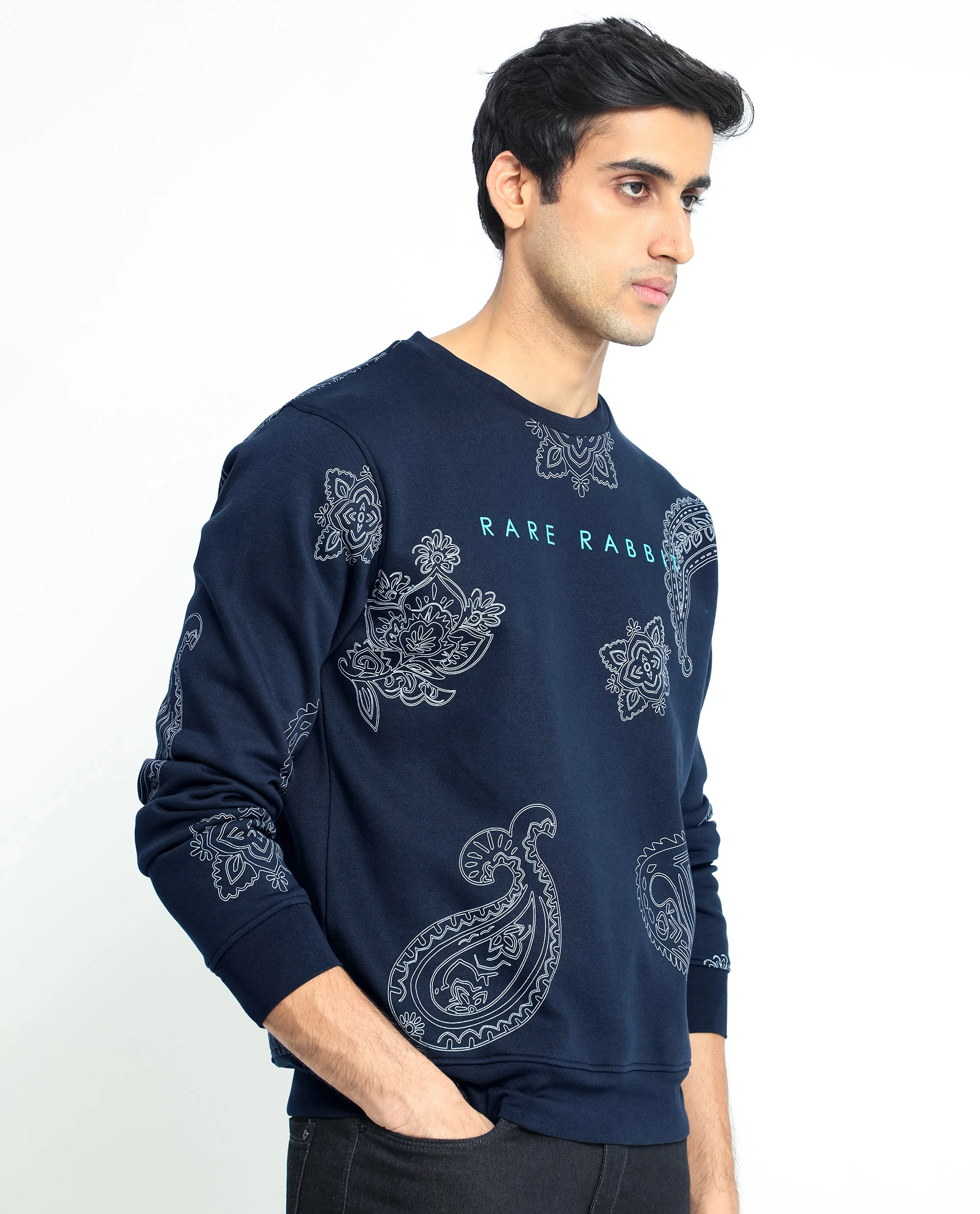 Rare Rabbit Men's Arloo Navy Cotton Graphic Print Regular Fit Full Sleeve Crew Neck Sweatshirt - Image 9