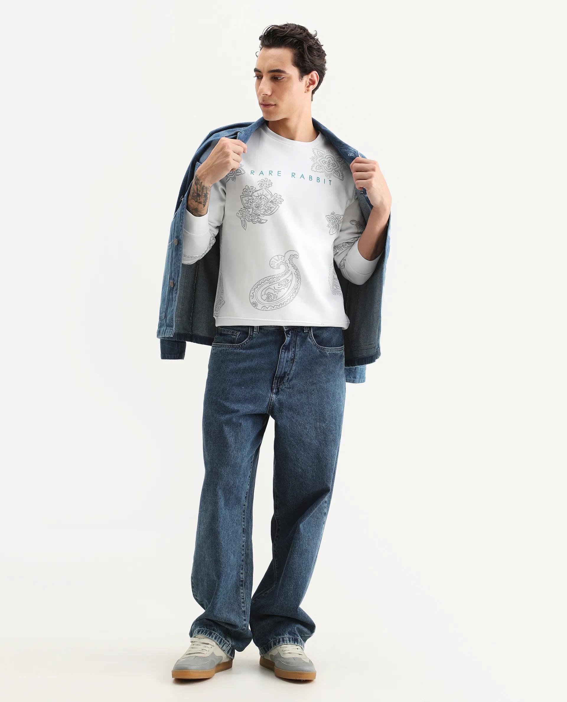 Rare Rabbit Men's Arloo White Cotton Paisley Print Regular Fit Full Sleeve Crew Neck Sweatshirt - Image 2