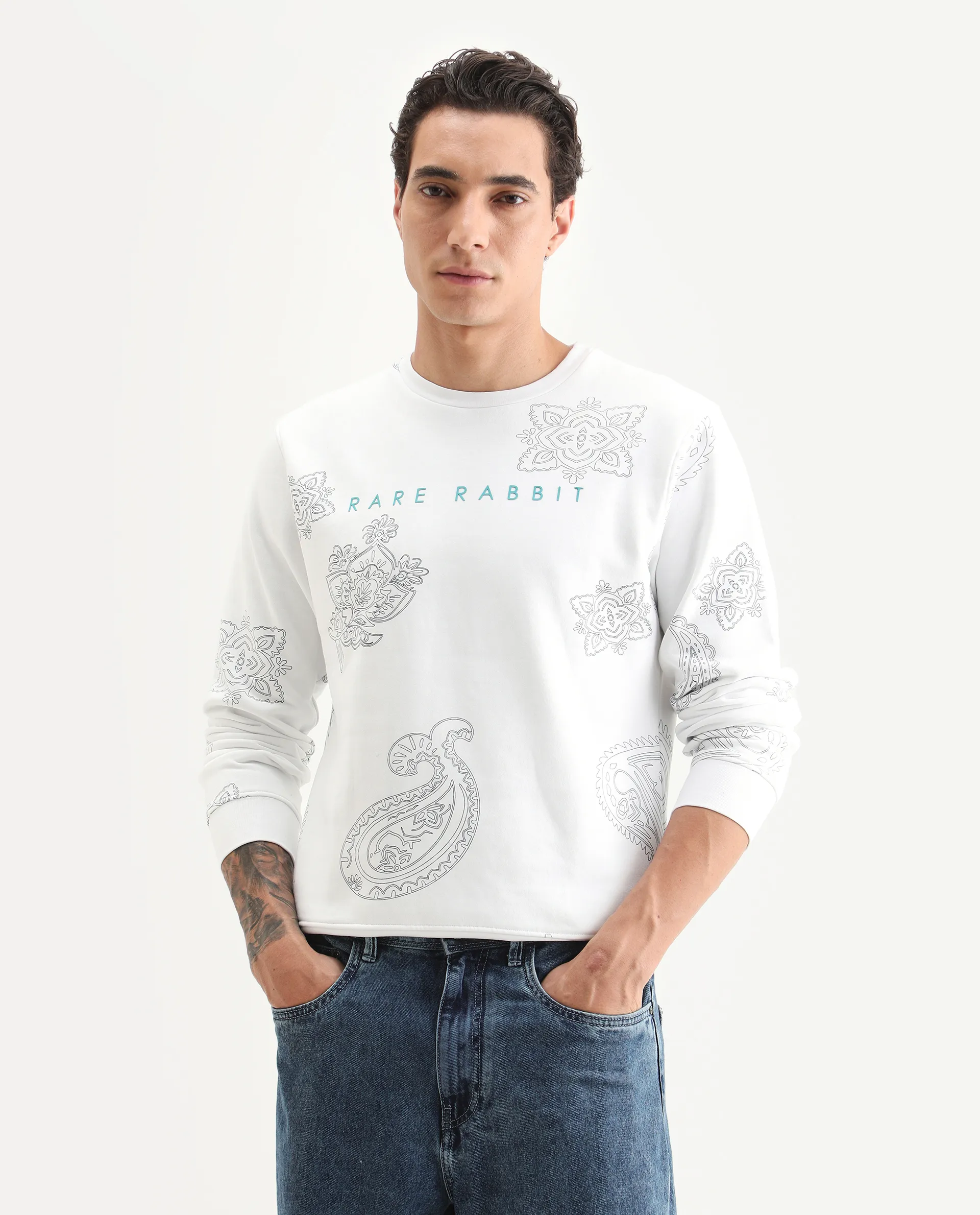 Rare Rabbit Men's Arloo White Cotton Paisley Print Regular Fit Full Sleeve Crew Neck Sweatshirt - Image 3