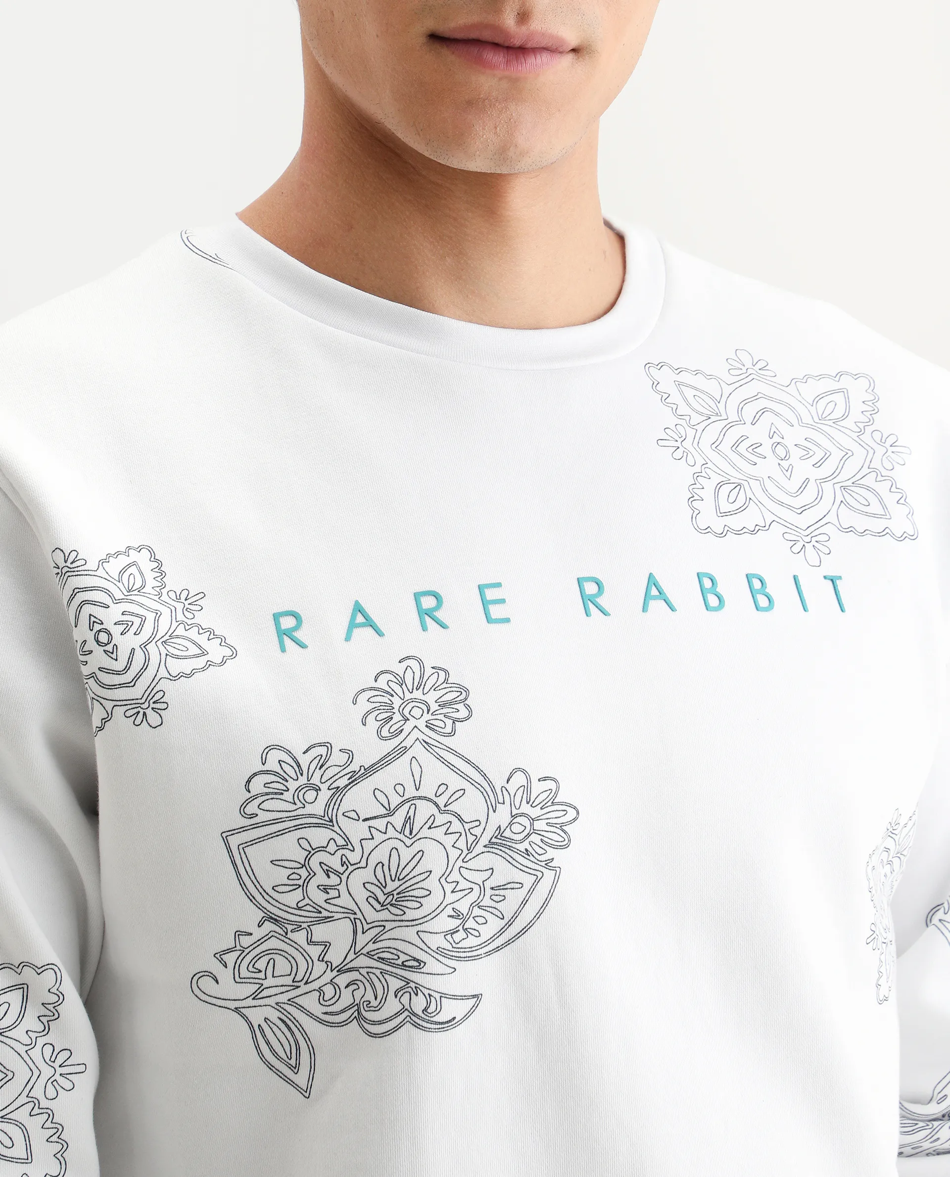Rare Rabbit Men's Arloo White Cotton Paisley Print Regular Fit Full Sleeve Crew Neck Sweatshirt - Image 4