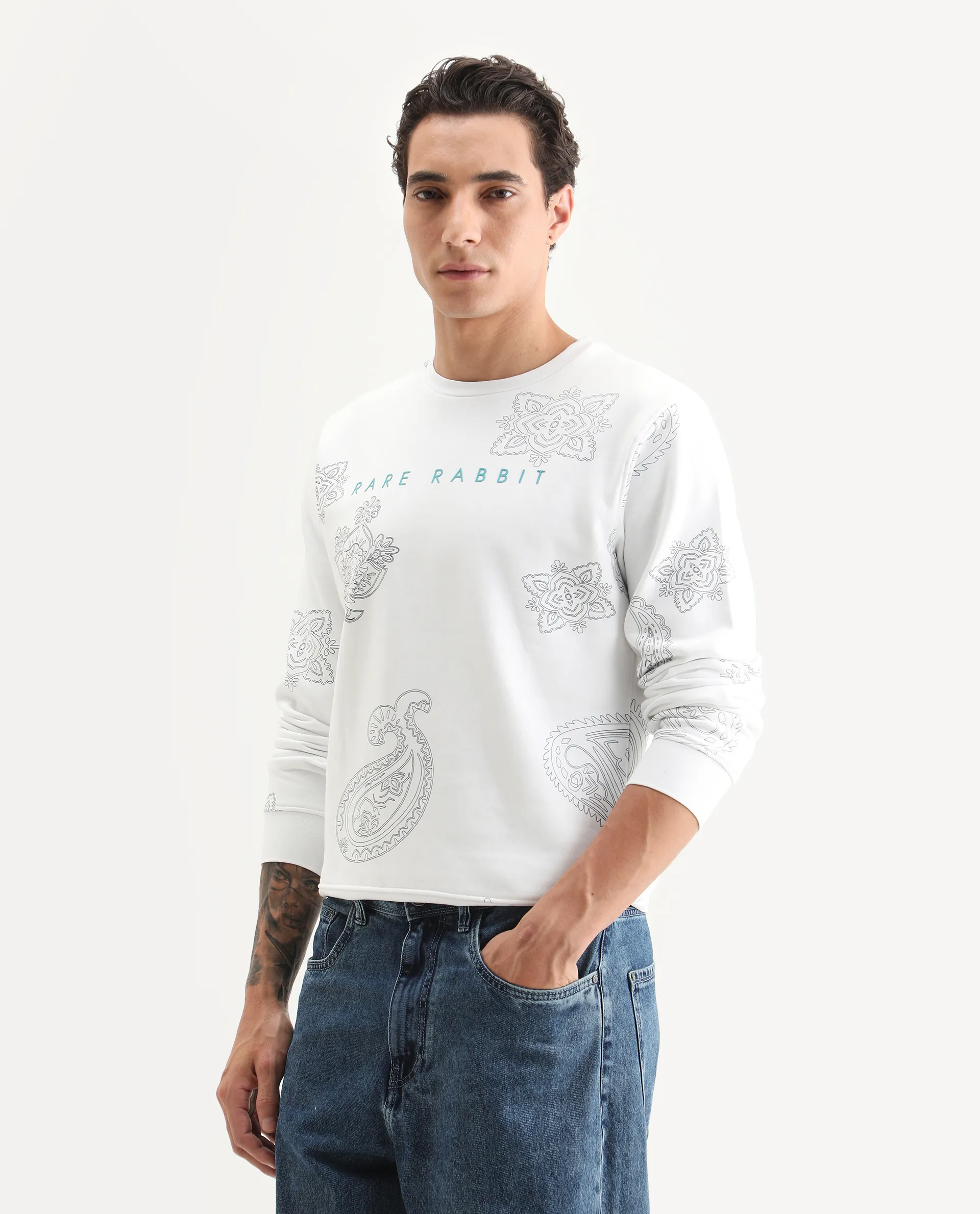 Rare Rabbit Men's Arloo White Cotton Paisley Print Regular Fit Full Sleeve Crew Neck Sweatshirt - Image 5