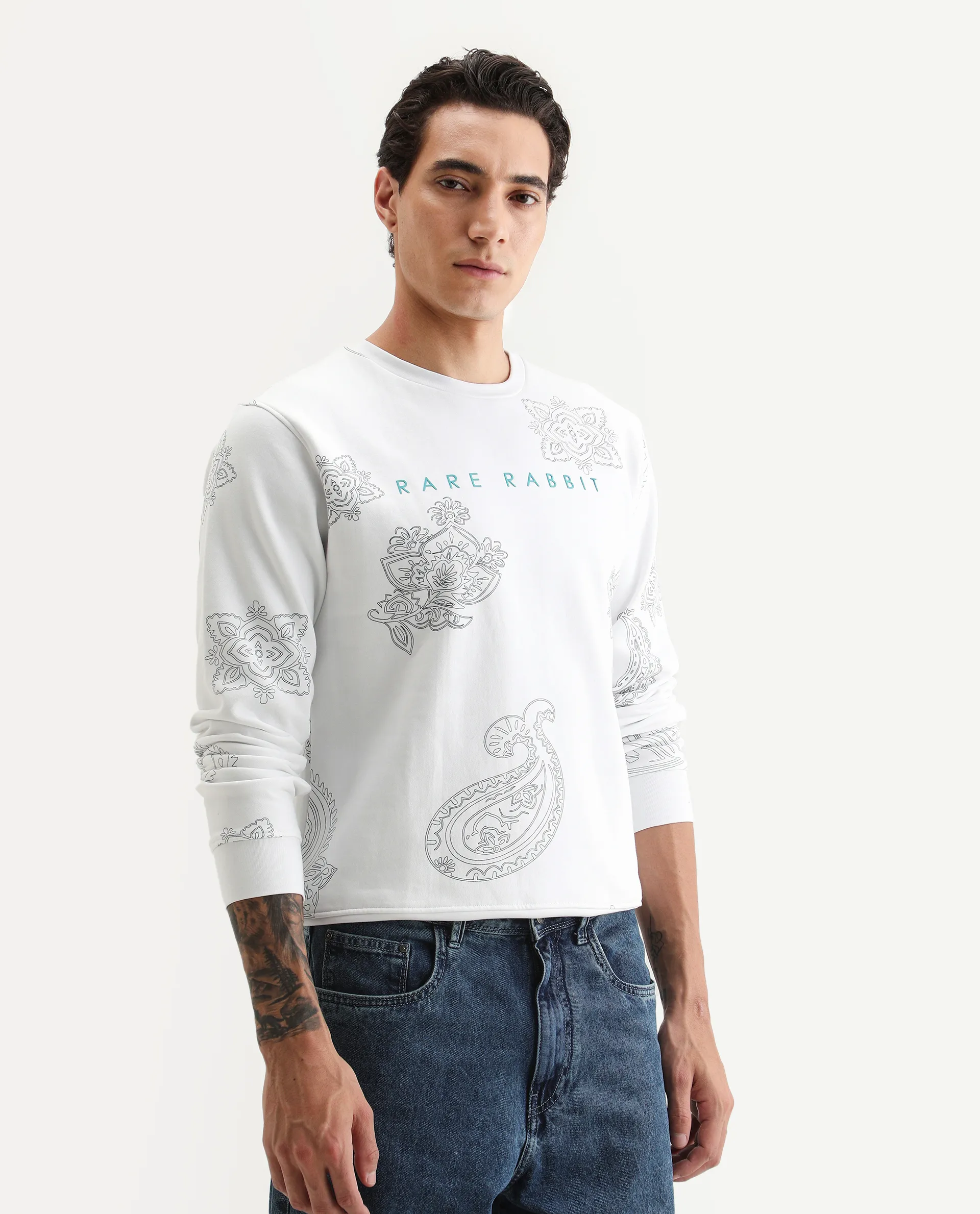 Rare Rabbit Men's Arloo White Cotton Paisley Print Regular Fit Full Sleeve Crew Neck Sweatshirt - Image 6