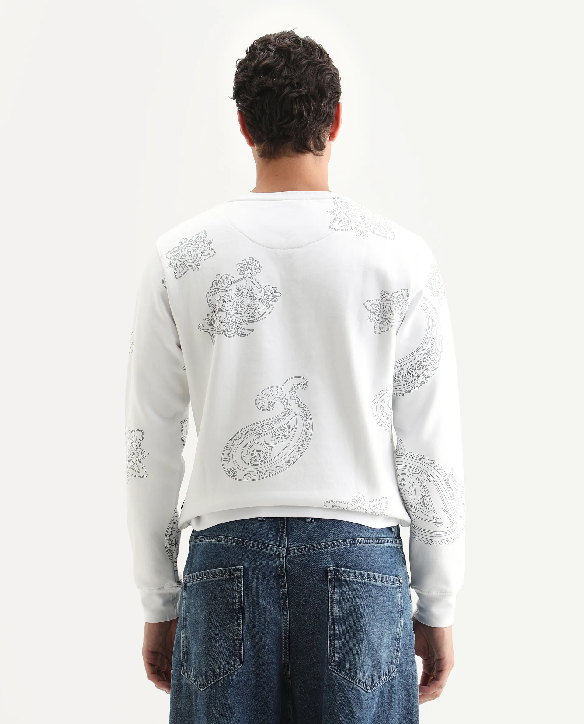 Rare Rabbit Men's Arloo White Cotton Paisley Print Regular Fit Full Sleeve Crew Neck Sweatshirt - Image 7